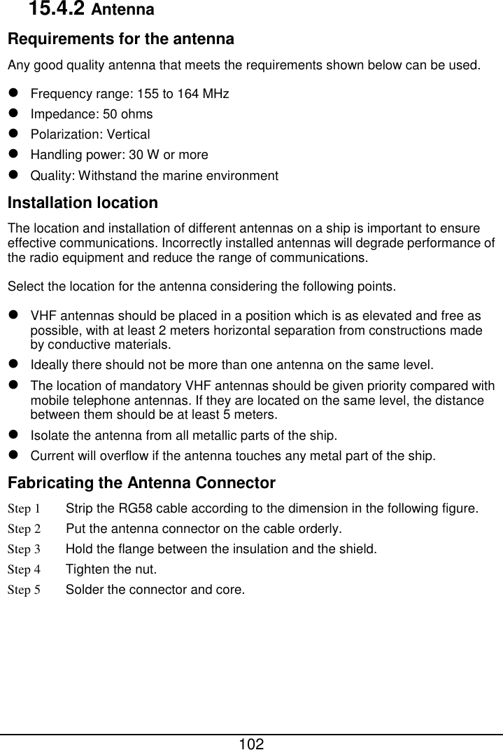  102  15.4.2 Antenna Requirements for the antenna Any good quality antenna that meets the requirements shown below can be used.  Frequency range: 155 to 164 MHz  Impedance: 50 ohms  Polarization: Vertical  Handling power: 30 W or more  Quality: Withstand the marine environment Installation location The location and installation of different antennas on a ship is important to ensure effective communications. Incorrectly installed antennas will degrade performance of the radio equipment and reduce the range of communications. Select the location for the antenna considering the following points.  VHF antennas should be placed in a position which is as elevated and free as possible, with at least 2 meters horizontal separation from constructions made by conductive materials.  Ideally there should not be more than one antenna on the same level.  The location of mandatory VHF antennas should be given priority compared with mobile telephone antennas. If they are located on the same level, the distance between them should be at least 5 meters.  Isolate the antenna from all metallic parts of the ship.  Current will overflow if the antenna touches any metal part of the ship. Fabricating the Antenna Connector Step 1 Strip the RG58 cable according to the dimension in the following figure.   Step 2 Put the antenna connector on the cable orderly. Step 3 Hold the flange between the insulation and the shield. Step 4 Tighten the nut. Step 5 Solder the connector and core.   