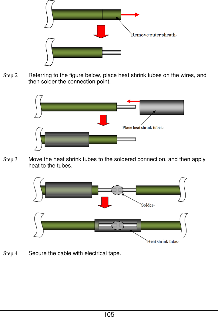  105   Step 2 Referring to the figure below, place heat shrink tubes on the wires, and then solder the connection point.  Step 3  Move the heat shrink tubes to the soldered connection, and then apply heat to the tubes.    Step 4  Secure the cable with electrical tape. 