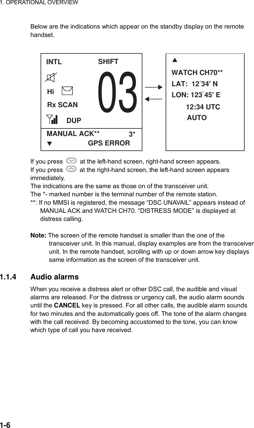 1. OPERATIONAL OVERVIEW    1-6 Below are the indications which appear on the standby display on the remote handset.  INTLHiRx SCANDUP03SHIFTMANUAL ACK** 3*TGPS ERRORLAT:  12 34&apos; N°LON: 123 45&apos; E°12:34 UTCAUTOTWATCH CH70** If you press   at the left-hand screen, right-hand screen appears. If you press   at the right-hand screen, the left-hand screen appears immediately. The indications are the same as those on of the transceiver unit.   The *- marked number is the terminal number of the remote station. **: If no MMSI is registered, the message “DSC UNAVAIL” appears instead of MANUAL ACK and WATCH CH70. “DISTRESS MODE” is displayed at distress calling.  Note: The screen of the remote handset is smaller than the one of the transceiver unit. In this manual, display examples are from the transceiver unit. In the remote handset, scrolling with up or down arrow key displays same information as the screen of the transceiver unit.  1.1.4 Audio alarms  When you receive a distress alert or other DSC call, the audible and visual alarms are released. For the distress or urgency call, the audio alarm sounds until the CANCEL key is pressed. For all other calls, the audible alarm sounds for two minutes and the automatically goes off. The tone of the alarm changes with the call received. By becoming accustomed to the tone, you can know which type of call you have received. 