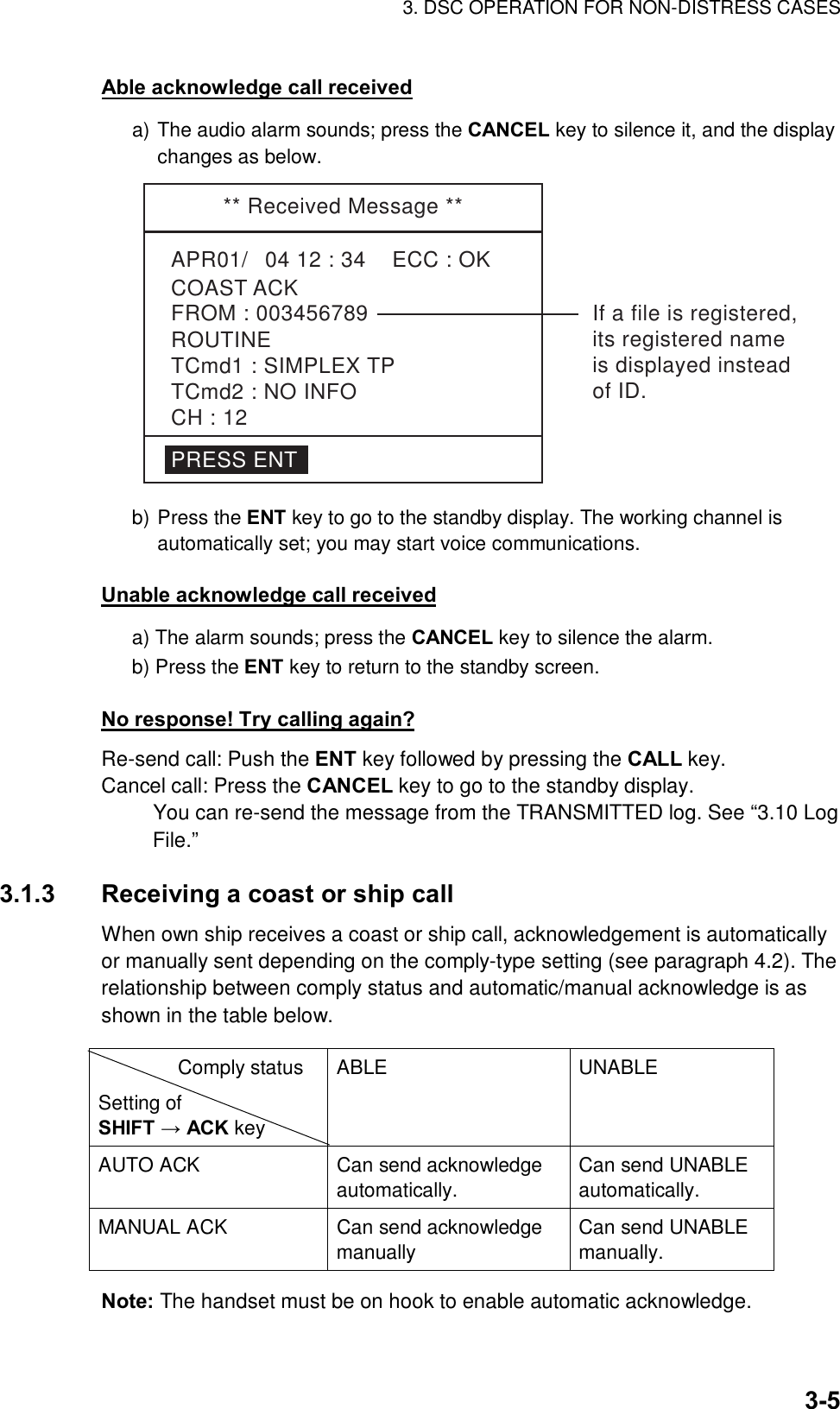 3. DSC OPERATION FOR NON-DISTRESS CASES    3-5Able acknowledge call received a) The audio alarm sounds; press the CANCEL key to silence it, and the display changes as below. ** Received Message **APR01/04 12 : 34    ECC : OKCOAST ACKPRESS ENTROUTINETCmd1 : SIMPLEX TPTCmd2 : NO INFOCH : 12FROM : 003456789 If a file is registered,its registered nameis displayed insteadof ID. b) Press the ENT key to go to the standby display. The working channel is automatically set; you may start voice communications.    Unable acknowledge call received a) The alarm sounds; press the CANCEL key to silence the alarm.   b) Press the ENT key to return to the standby screen.  No response! Try calling again? Re-send call: Push the ENT key followed by pressing the CALL key.    Cancel call: Press the CANCEL key to go to the standby display.   You can re-send the message from the TRANSMITTED log. See “3.10 Log File.”  3.1.3  Receiving a coast or ship call   When own ship receives a coast or ship call, acknowledgement is automatically or manually sent depending on the comply-type setting (see paragraph 4.2). The relationship between comply status and automatic/manual acknowledge is as shown in the table below.               Note: The handset must be on hook to enable automatic acknowledge.           Comply status  Setting of   SHIFT → ACK key ABLE UNABLE AUTO ACK  Can send acknowledge automatically.  Can send UNABLE automatically. MANUAL ACK  Can send acknowledge manually Can send UNABLE manually.  