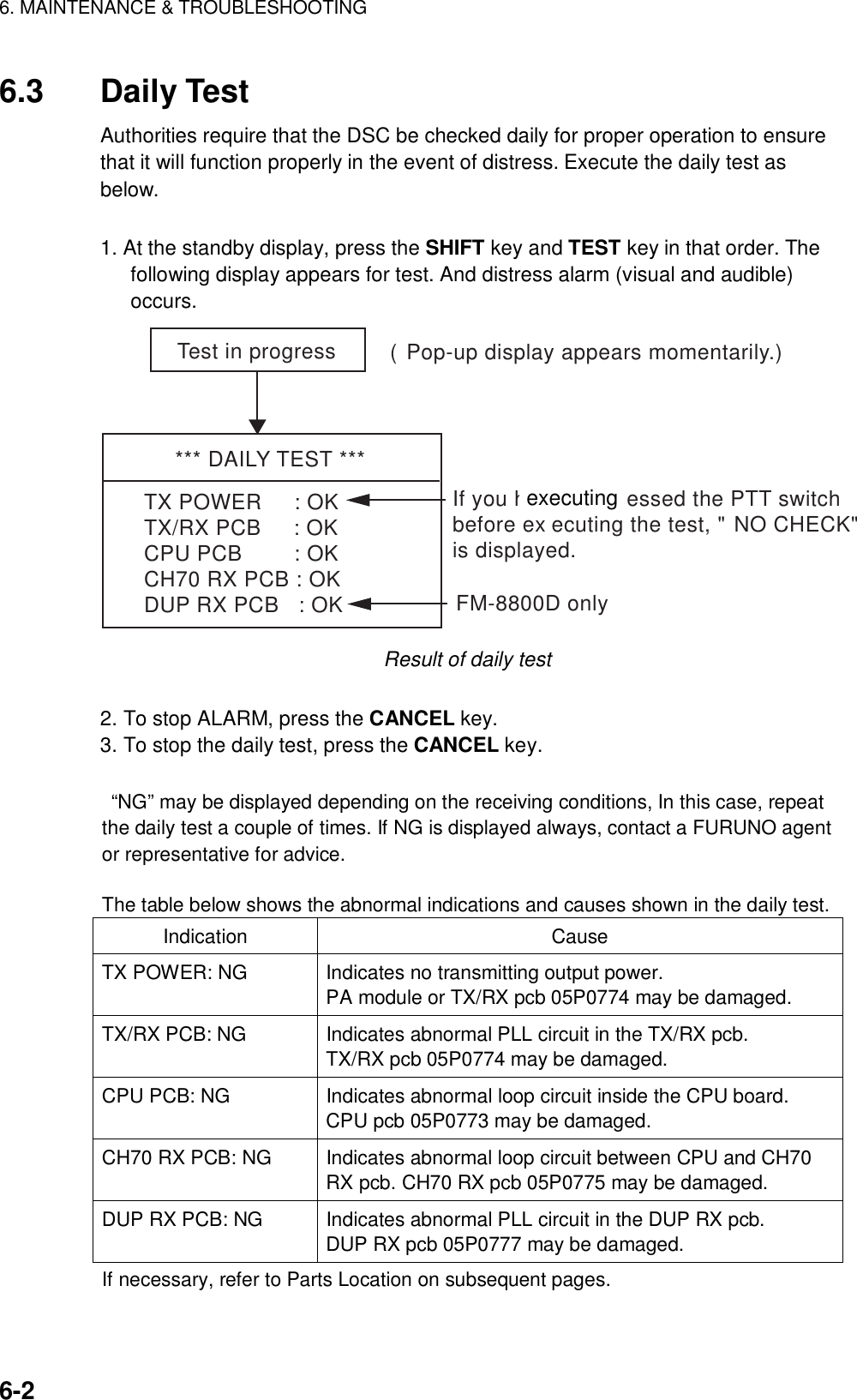 6. MAINTENANCE &amp; TROUBLESHOOTING    6-2 6.3 Daily Test Authorities require that the DSC be checked daily for proper operation to ensure that it will function properly in the event of distress. Execute the daily test as below.    1. At the standby display, press the SHIFT key and TEST key in that order. The following display appears for test. And distress alarm (visual and audible) occurs. *** DAILY TEST ***TX POWER     : OKTX/RX PCB     : OKCPU PCB        : OKCH70 RX PCB : OKDUP RX PCB   : OKTest in progress (Pop-up display appears momentarily.)If you have not pressed the PTT switchbefore executing the test, &quot;NO CHECK&quot;is displayed.FM-8800D only Result of daily test  2. To stop ALARM, press the CANCEL key. 3. To stop the daily test, press the CANCEL key.     “NG” may be displayed depending on the receiving conditions, In this case, repeat the daily test a couple of times. If NG is displayed always, contact a FURUNO agent or representative for advice.  The table below shows the abnormal indications and causes shown in the daily test.   Indication Cause TX POWER: NG  Indicates no transmitting output power. PA module or TX/RX pcb 05P0774 may be damaged. TX/RX PCB: NG  Indicates abnormal PLL circuit in the TX/RX pcb. TX/RX pcb 05P0774 may be damaged. CPU PCB: NG  Indicates abnormal loop circuit inside the CPU board. CPU pcb 05P0773 may be damaged. CH70 RX PCB: NG  Indicates abnormal loop circuit between CPU and CH70 RX pcb. CH70 RX pcb 05P0775 may be damaged. DUP RX PCB: NG  Indicates abnormal PLL circuit in the DUP RX pcb. DUP RX pcb 05P0777 may be damaged. If necessary, refer to Parts Location on subsequent pages.  executing