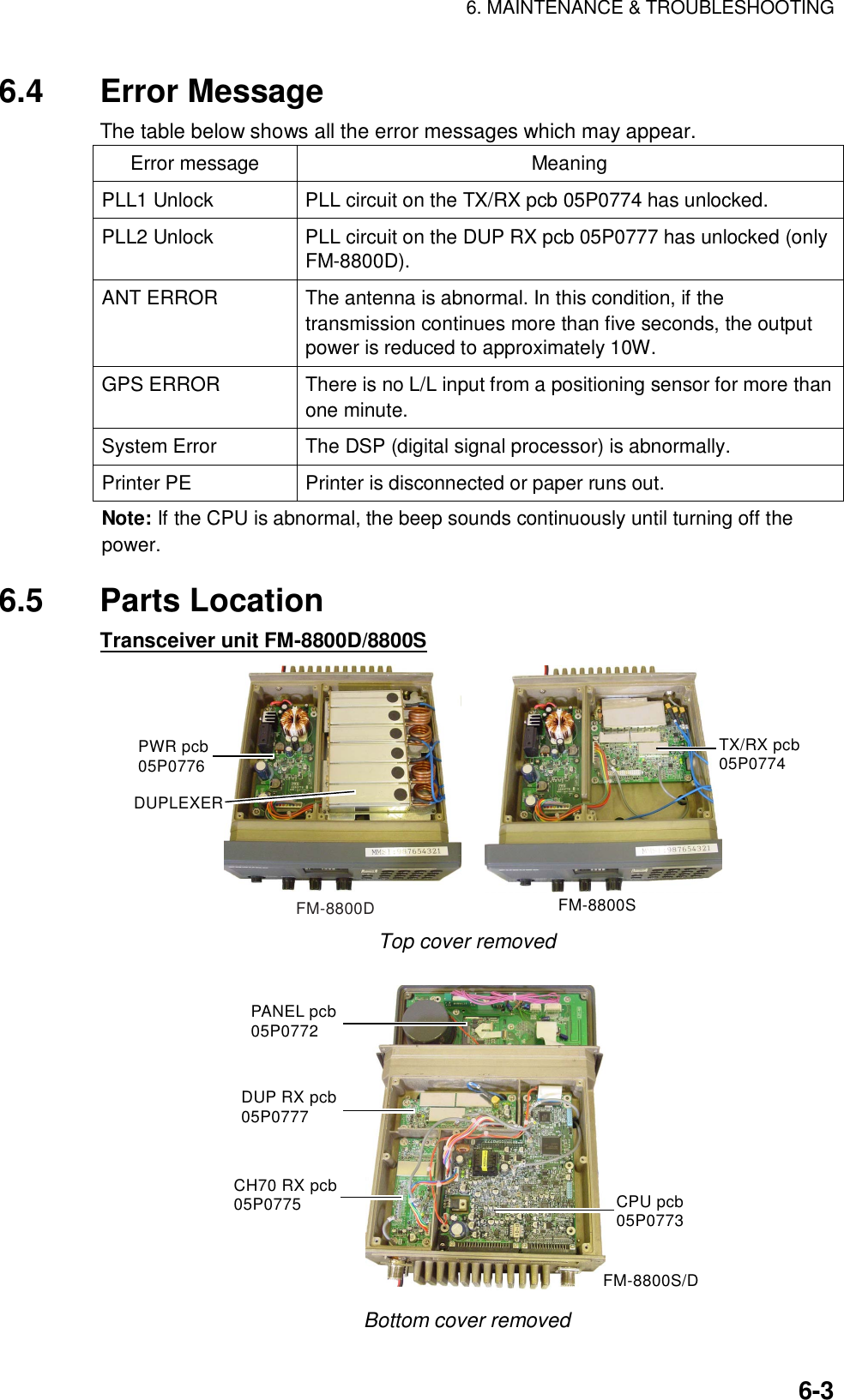 6. MAINTENANCE &amp; TROUBLESHOOTING    6-36.4 Error Message The table below shows all the error messages which may appear. Error message  Meaning PLL1 Unlock  PLL circuit on the TX/RX pcb 05P0774 has unlocked. PLL2 Unlock  PLL circuit on the DUP RX pcb 05P0777 has unlocked (only FM-8800D). ANT ERROR  The antenna is abnormal. In this condition, if the transmission continues more than five seconds, the output power is reduced to approximately 10W. GPS ERROR  There is no L/L input from a positioning sensor for more than one minute. System Error  The DSP (digital signal processor) is abnormally. Printer PE  Printer is disconnected or paper runs out. Note: If the CPU is abnormal, the beep sounds continuously until turning off the power.  6.5 Parts Location Transceiver unit FM-8800D/8800S DUPLEXERPWR pcb05P0776TX/RX pcb05P0774FM-8800D FM-8800S Top cover removed    PANEL pcb05P0772DUP RX pcb05P0777CH70 RX pcb05P0775 CPU pcb05P0773FM-8800S/D Bottom cover removed 