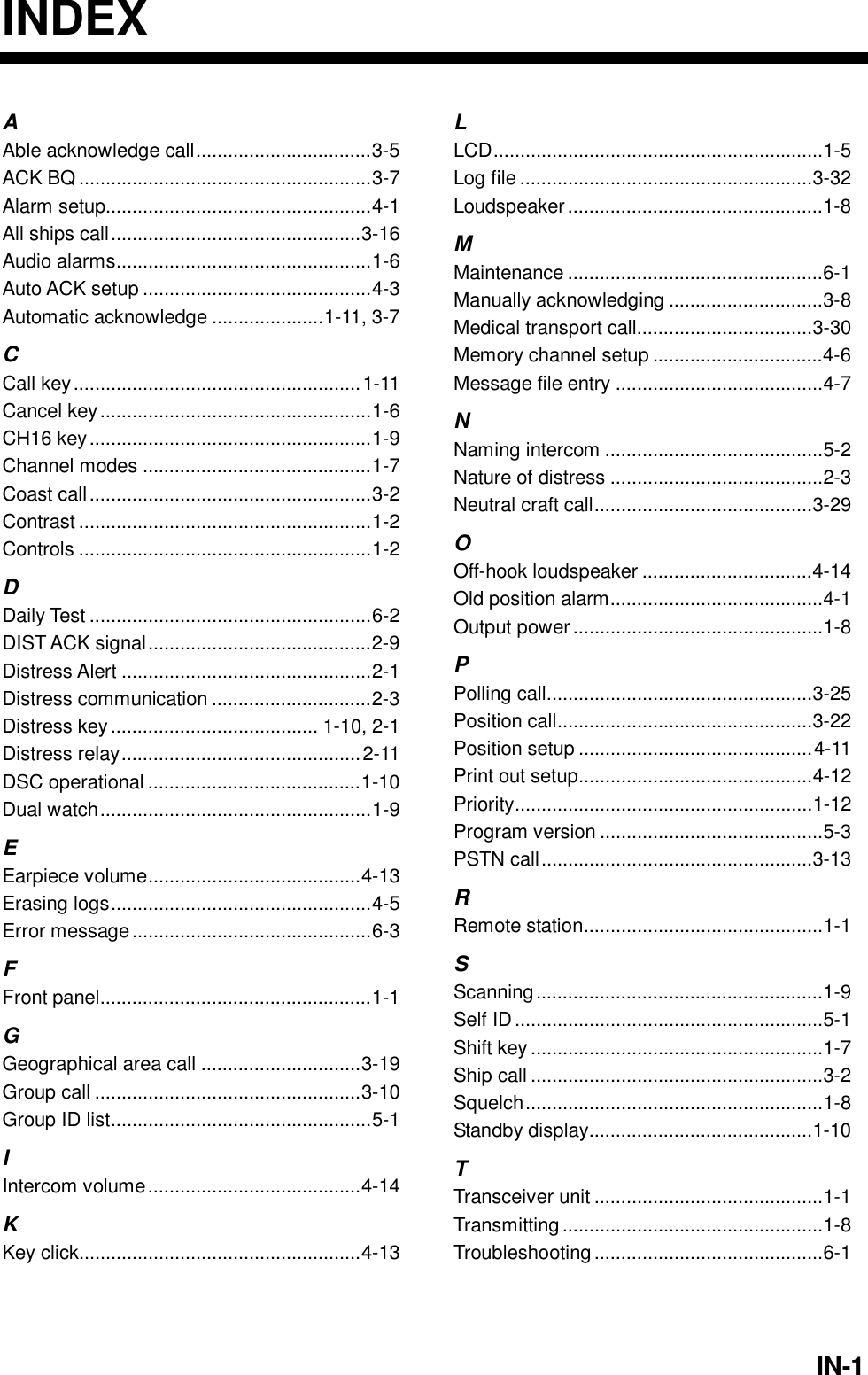 IN-1INDEXA Able acknowledge call.................................3-5 ACK BQ .......................................................3-7 Alarm setup..................................................4-1 All ships call...............................................3-16 Audio alarms................................................1-6 Auto ACK setup ...........................................4-3 Automatic acknowledge .....................1-11, 3-7 C Call key......................................................1-11 Cancel key...................................................1-6 CH16 key.....................................................1-9 Channel modes ...........................................1-7 Coast call.....................................................3-2 Contrast .......................................................1-2 Controls .......................................................1-2 D Daily Test .....................................................6-2 DIST ACK signal..........................................2-9 Distress Alert ...............................................2-1 Distress communication ..............................2-3 Distress key....................................... 1-10, 2-1 Distress relay.............................................2-11 DSC operational ........................................1-10 Dual watch...................................................1-9 E Earpiece volume........................................4-13 Erasing logs.................................................4-5 Error message.............................................6-3 F Front panel...................................................1-1 G Geographical area call ..............................3-19 Group call ..................................................3-10 Group ID list.................................................5-1 I Intercom volume........................................4-14 K Key click.....................................................4-13   L LCD..............................................................1-5 Log file .......................................................3-32 Loudspeaker ................................................1-8 M Maintenance ................................................6-1 Manually acknowledging .............................3-8 Medical transport call.................................3-30 Memory channel setup ................................4-6 Message file entry .......................................4-7 N Naming intercom .........................................5-2 Nature of distress ........................................2-3 Neutral craft call.........................................3-29 O Off-hook loudspeaker ................................4-14 Old position alarm........................................4-1 Output power ...............................................1-8 P Polling call..................................................3-25 Position call................................................3-22 Position setup ............................................4-11 Print out setup............................................4-12 Priority........................................................1-12 Program version ..........................................5-3 PSTN call...................................................3-13 R Remote station.............................................1-1 S Scanning......................................................1-9 Self ID..........................................................5-1 Shift key .......................................................1-7 Ship call .......................................................3-2 Squelch........................................................1-8 Standby display..........................................1-10 T Transceiver unit ...........................................1-1 Transmitting.................................................1-8 Troubleshooting ...........................................6-1   