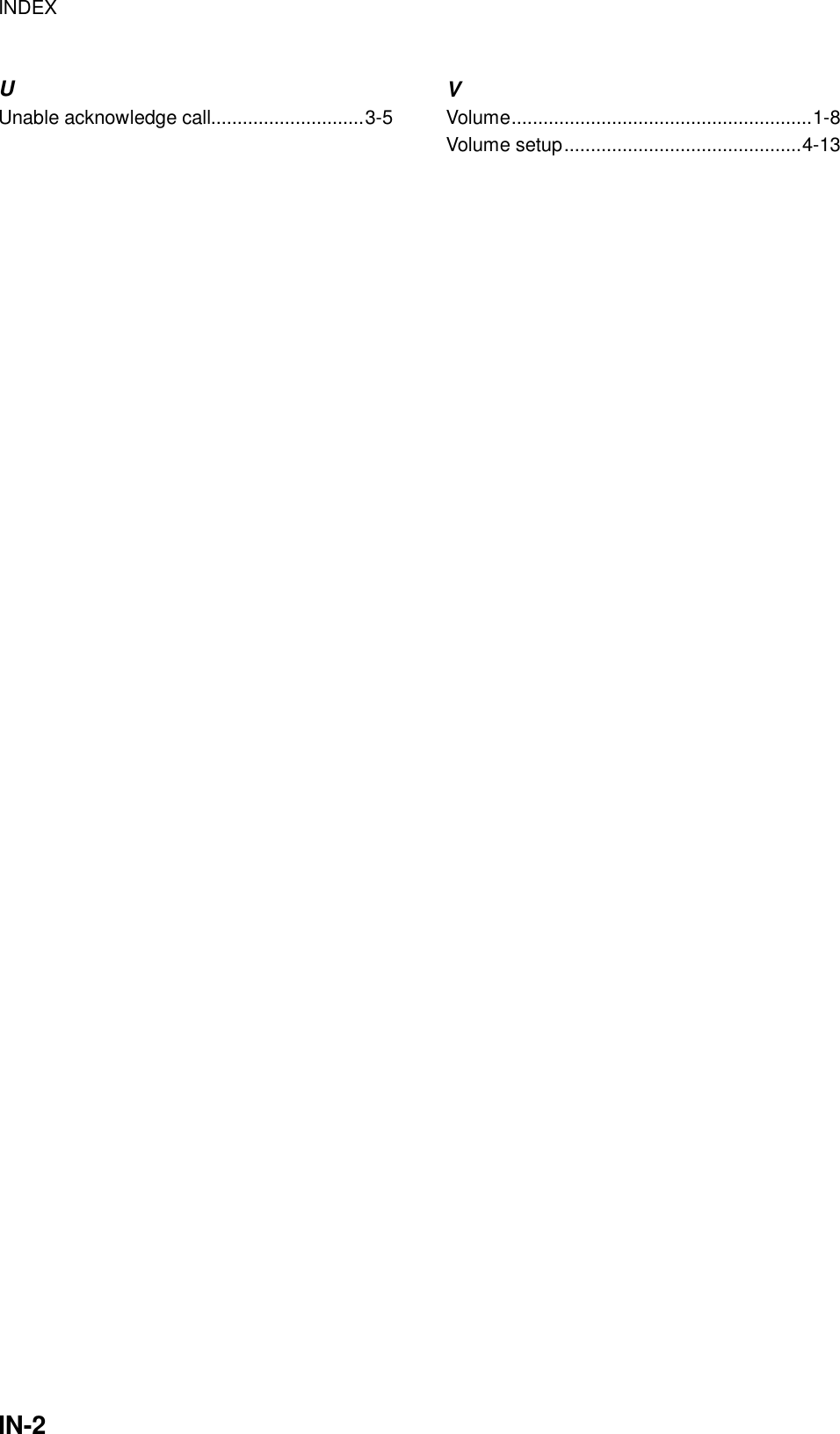 INDEX    IN-2 U Unable acknowledge call.............................3-5                                              V Volume.........................................................1-8 Volume setup.............................................4-13      