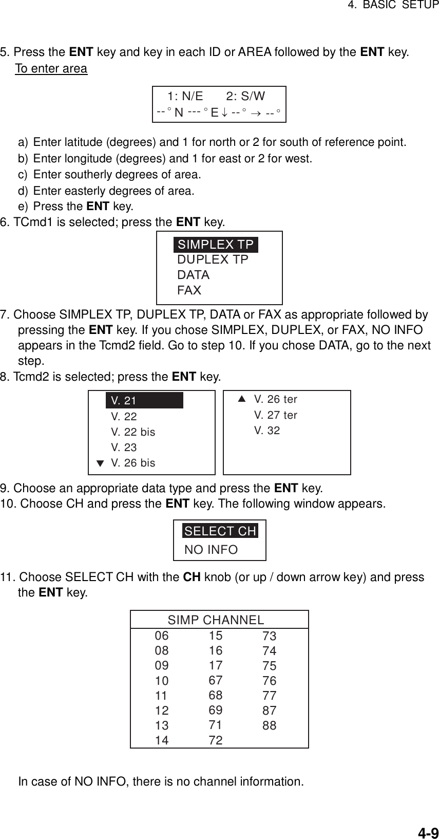 4. BASIC SETUP    4-95. Press the ENT key and key in each ID or AREA followed by the ENT key.   To enter area 1: N/E      2: S/W°----- ↓→N°E°-- °-- a) Enter latitude (degrees) and 1 for north or 2 for south of reference point. b) Enter longitude (degrees) and 1 for east or 2 for west. c)  Enter southerly degrees of area. d) Enter easterly degrees of area. e) Press the ENT key. 6. TCmd1 is selected; press the ENT key.  7. Choose SIMPLEX TP, DUPLEX TP, DATA or FAX as appropriate followed by pressing the ENT key. If you chose SIMPLEX, DUPLEX, or FAX, NO INFO appears in the Tcmd2 field. Go to step 10. If you chose DATA, go to the next step. 8. Tcmd2 is selected; press the ENT key. SV. 26 terV. 27 terV. 32V. 21V. 22V. 22 bisV. 23V. 26 bisT 9. Choose an appropriate data type and press the ENT key. 10. Choose CH and press the ENT key. The following window appears. SELECT CHNO INFO 11. Choose SELECT CH with the CH knob (or up / down arrow key) and press the ENT key. SIMP CHANNEL0608091011121314151617676869717273747576778788   In case of NO INFO, there is no channel information. 