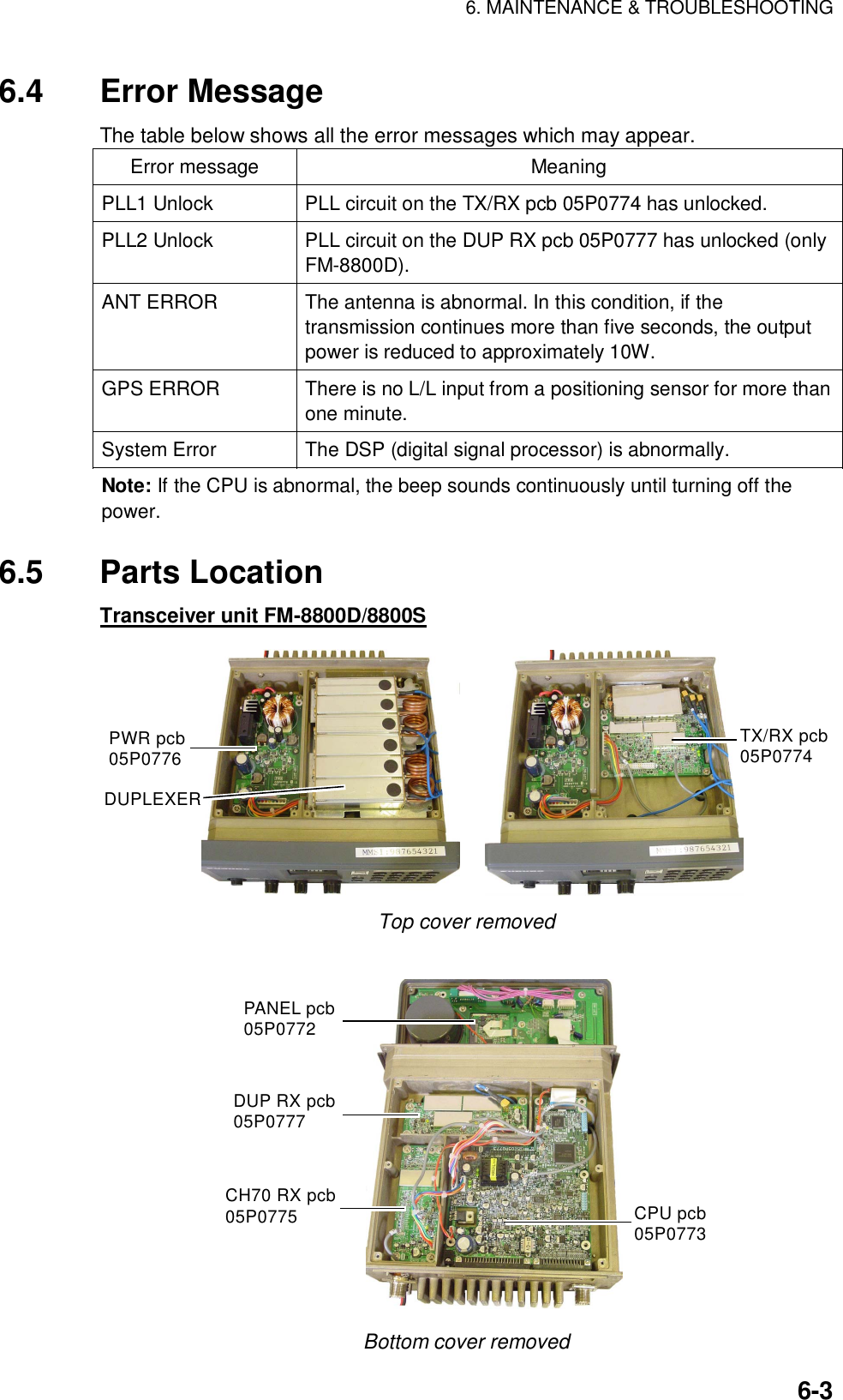 6. MAINTENANCE &amp; TROUBLESHOOTING    6-36.4 Error Message The table below shows all the error messages which may appear. Error message  Meaning PLL1 Unlock  PLL circuit on the TX/RX pcb 05P0774 has unlocked. PLL2 Unlock  PLL circuit on the DUP RX pcb 05P0777 has unlocked (only FM-8800D). ANT ERROR  The antenna is abnormal. In this condition, if the transmission continues more than five seconds, the output power is reduced to approximately 10W. GPS ERROR  There is no L/L input from a positioning sensor for more than one minute. System Error  The DSP (digital signal processor) is abnormally. Note: If the CPU is abnormal, the beep sounds continuously until turning off the power.  6.5 Parts Location Transceiver unit FM-8800D/8800S DUPLEXERPWR pcb05P0776TX/RX pcb05P0774 Top cover removed    PANEL pcb05P0772DUP RX pcb05P0777CH70 RX pcb05P0775 CPU pcb05P0773 Bottom cover removed 