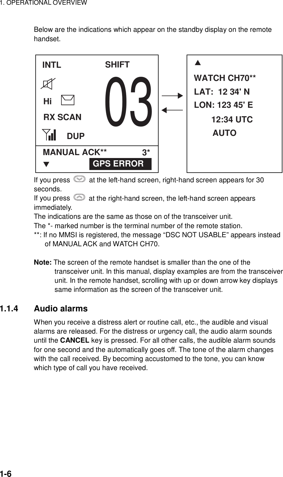 1. OPERATIONAL OVERVIEW    1-6 Below are the indications which appear on the standby display on the remote handset.  INTLHiRX SCANDUP03SHIFTMANUAL ACK** 3*TGPS ERRORLAT:  12 34&apos; N°LON: 123 45&apos; E°12:34 UTCAUTOTWATCH CH70** If you press   at the left-hand screen, right-hand screen appears for 30 seconds. If you press   at the right-hand screen, the left-hand screen appears immediately. The indications are the same as those on of the transceiver unit.   The *- marked number is the terminal number of the remote station. **: If no MMSI is registered, the message “DSC NOT USABLE” appears instead of MANUAL ACK and WATCH CH70.  Note: The screen of the remote handset is smaller than the one of the transceiver unit. In this manual, display examples are from the transceiver unit. In the remote handset, scrolling with up or down arrow key displays same information as the screen of the transceiver unit.  1.1.4 Audio alarms  When you receive a distress alert or routine call, etc., the audible and visual alarms are released. For the distress or urgency call, the audio alarm sounds until the CANCEL key is pressed. For all other calls, the audible alarm sounds for one second and the automatically goes off. The tone of the alarm changes with the call received. By becoming accustomed to the tone, you can know which type of call you have received. 