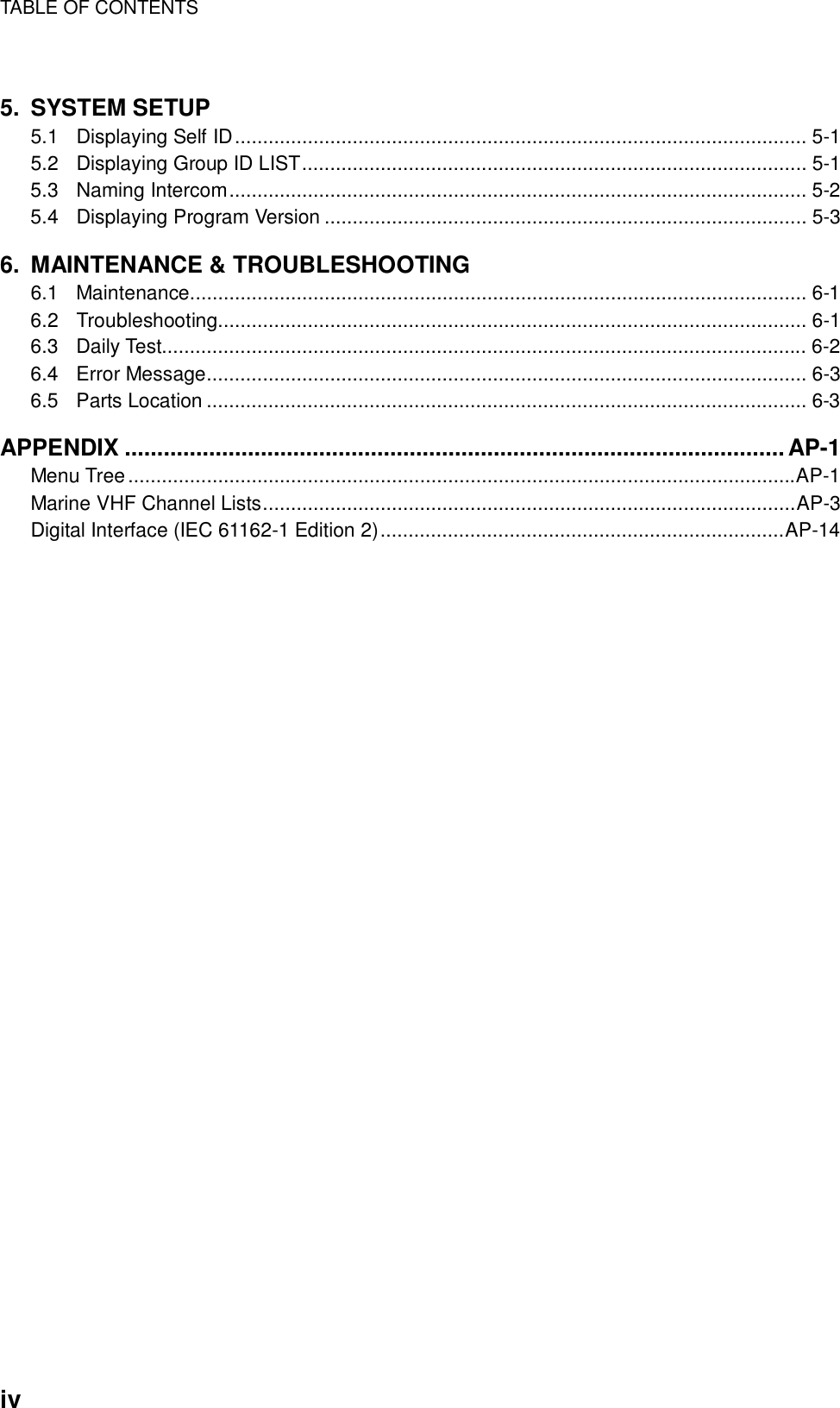 TABLE OF CONTENTS    iv 5. SYSTEM SETUP 5.1 Displaying Self ID...................................................................................................... 5-1 5.2 Displaying Group ID LIST.......................................................................................... 5-1 5.3 Naming Intercom....................................................................................................... 5-2 5.4 Displaying Program Version ...................................................................................... 5-3 6. MAINTENANCE &amp; TROUBLESHOOTING 6.1 Maintenance.............................................................................................................. 6-1 6.2 Troubleshooting......................................................................................................... 6-1 6.3 Daily Test................................................................................................................... 6-2 6.4 Error Message........................................................................................................... 6-3 6.5 Parts Location ........................................................................................................... 6-3 APPENDIX ......................................................................................................AP-1 Menu Tree.......................................................................................................................AP-1 Marine VHF Channel Lists...............................................................................................AP-3 Digital Interface (IEC 61162-1 Edition 2)........................................................................AP-14 