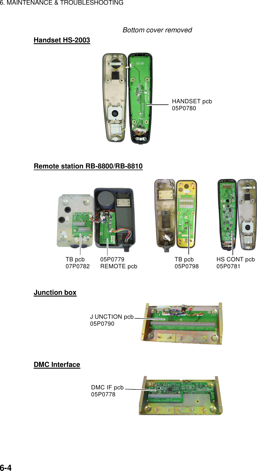 6. MAINTENANCE &amp; TROUBLESHOOTING    6-4 Bottom cover removed Handset HS-2003 HANDSET pcb05P0780  Remote station RB-8800/RB-8810 TB pcb07P0782 05P0779REMOTE pcb TB pcb05P0798 HS CONT pcb05P0781  Junction box JUNCTION pcb05P0790  DMC Interface DMC IF pcb05P0778 