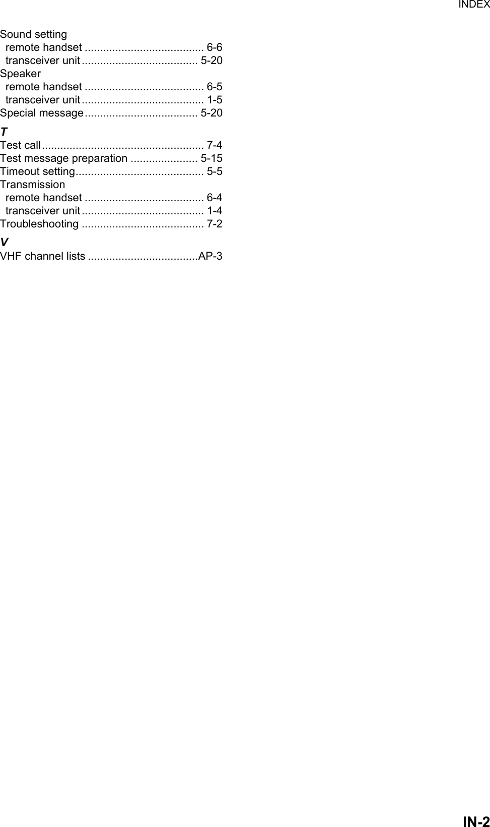 INDEXIN-2Sound settingremote handset ....................................... 6-6transceiver unit ...................................... 5-20Speakerremote handset ....................................... 6-5transceiver unit ........................................ 1-5Special message..................................... 5-20TTest call..................................................... 7-4Test message preparation ...................... 5-15Timeout setting.......................................... 5-5Transmissionremote handset ....................................... 6-4transceiver unit ........................................ 1-4Troubleshooting ........................................ 7-2VVHF channel lists ....................................AP-3