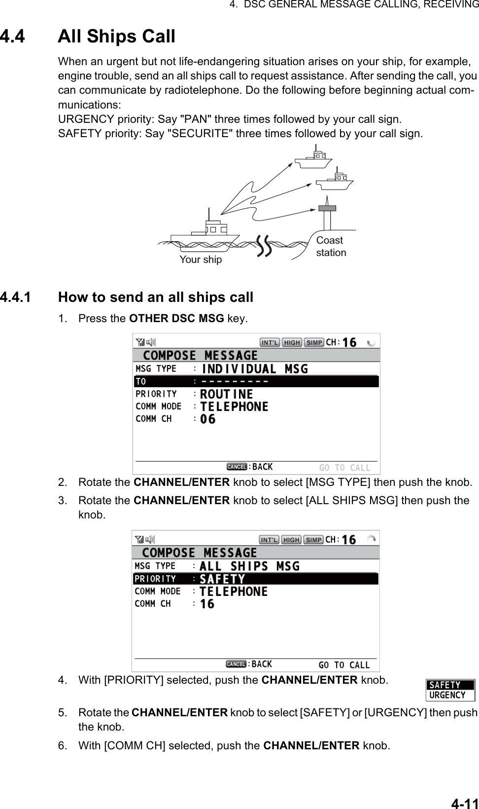 4.  DSC GENERAL MESSAGE CALLING, RECEIVING4-114.4 All Ships CallWhen an urgent but not life-endangering situation arises on your ship, for example, engine trouble, send an all ships call to request assistance. After sending the call, you can communicate by radiotelephone. Do the following before beginning actual com-munications:URGENCY priority: Say &quot;PAN&quot; three times followed by your call sign.SAFETY priority: Say &quot;SECURITE&quot; three times followed by your call sign.4.4.1 How to send an all ships call1. Press the OTHER DSC MSG key.2. Rotate the CHANNEL/ENTER knob to select [MSG TYPE] then push the knob.3. Rotate the CHANNEL/ENTER knob to select [ALL SHIPS MSG] then push the knob.4. With [PRIORITY] selected, push the CHANNEL/ENTER knob.5. Rotate the CHANNEL/ENTER knob to select [SAFETY] or [URGENCY] then push the knob.6. With [COMM CH] selected, push the CHANNEL/ENTER knob.Coast stationYour ship