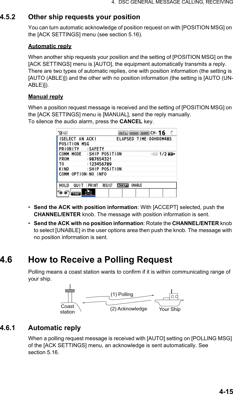 4.  DSC GENERAL MESSAGE CALLING, RECEIVING4-154.5.2 Other ship requests your positionYou can turn automatic acknowledge of position request on with [POSITION MSG] on the [ACK SETTINGS] menu (see section 5.16).Automatic replyWhen another ship requests your position and the setting of [POSITION MSG] on the [ACK SETTINGS] menu is [AUTO], the equipment automatically transmits a reply. There are two types of automatic replies, one with position information (the setting is [AUTO (ABLE)]) and the other with no position information (the setting is [AUTO (UN-ABLE)]).Manual replyWhen a position request message is received and the setting of [POSITION MSG] on the [ACK SETTINGS] menu is [MANUAL], send the reply manually.To silence the audio alarm, press the CANCEL key.•  Send the ACK with position information: With [ACCEPT] selected, push the CHANNEL/ENTER knob. The message with position information is sent.•  Send the ACK with no position information: Rotate the CHANNEL/ENTER knob to select [UNABLE] in the user options area then push the knob. The message with no position information is sent.4.6 How to Receive a Polling RequestPolling means a coast station wants to confirm if it is within communicating range of your ship.4.6.1 Automatic replyWhen a polling request message is received with [AUTO] setting on [POLLING MSG] of the [ACK SETTINGS] menu, an acknowledge is sent automatically. See section 5.16.UNABLEACCEPT(1) Polling(2) Acknowledge Your ShipCoast station