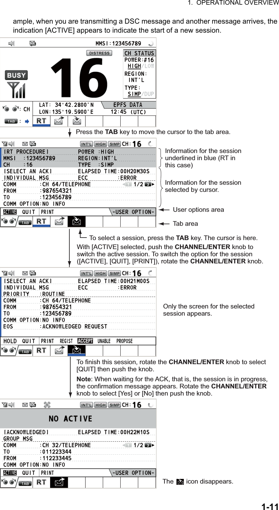 1.  OPERATIONAL OVERVIEW1-11ample, when you are transmitting a DSC message and another message arrives, the indication [ACTIVE] appears to indicate the start of a new session.Press the TAB key to move the cursor to the tab area.Only the screen for the selected session appears.To finish this session, rotate the CHANNEL/ENTER knob to select [QUIT] then push the knob.The       icon disappears.Note: When waiting for the ACK, that is, the session is in progress, the confirmation message appears. Rotate the CHANNEL/ENTER knob to select [Yes] or [No] then push the knob. To select a session, press the TAB key. The cursor is here. Information for the session selected by cursor.  With [ACTIVE] selected, push the CHANNEL/ENTER knob to switch the active session. To switch the option for the session ([ACTIVE], [QUIT], [PRINT]), rotate the CHANNEL/ENTER knob.  User options areaTab areaInformation for the session underlined in blue (RT in this case)ACCEPT