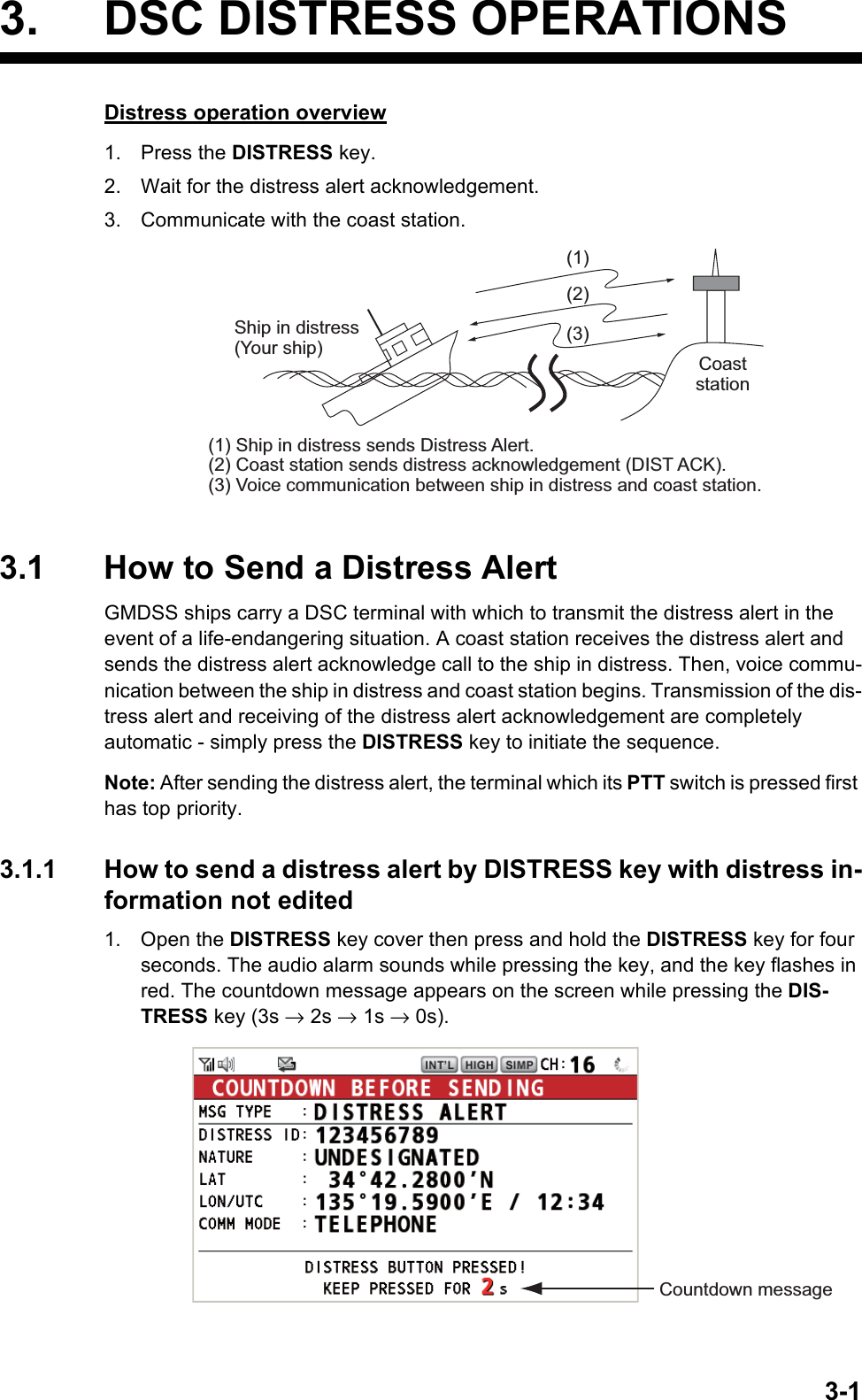 3-13. DSC DISTRESS OPERATIONSDistress operation overview1. Press the DISTRESS key.2. Wait for the distress alert acknowledgement.3. Communicate with the coast station.3.1 How to Send a Distress AlertGMDSS ships carry a DSC terminal with which to transmit the distress alert in the event of a life-endangering situation. A coast station receives the distress alert and sends the distress alert acknowledge call to the ship in distress. Then, voice commu-nication between the ship in distress and coast station begins. Transmission of the dis-tress alert and receiving of the distress alert acknowledgement are completely automatic - simply press the DISTRESS key to initiate the sequence.Note: After sending the distress alert, the terminal which its PTT switch is pressed first has top priority.3.1.1 How to send a distress alert by DISTRESS key with distress in-formation not edited1. Open the DISTRESS key cover then press and hold the DISTRESS key for four seconds. The audio alarm sounds while pressing the key, and the key flashes in red. The countdown message appears on the screen while pressing the DIS-TRESS key (3s → 2s → 1s → 0s). (3)(2)(1)Ship in distress (Your ship)(1) Ship in distress sends Distress Alert.(2) Coast station sends distress acknowledgement (DIST ACK).(3) Voice communication between ship in distress and coast station.Coast stationCountdown message