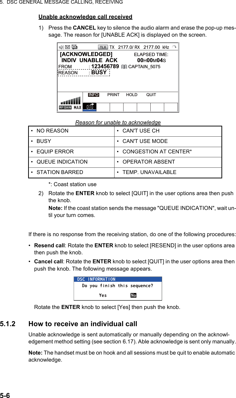 5.  DSC GENERAL MESSAGE CALLING, RECEIVING5-6Unable acknowledge call received1) Press the CANCEL key to silence the audio alarm and erase the pop-up mes-sage. The reason for [UNABLE ACK] is displayed on the screen.Reason for unable to acknowledge*: Coast station use2) Rotate the ENTER knob to select [QUIT] in the user options area then push the knob.Note: If the coast station sends the message &quot;QUEUE INDICATION&quot;, wait un-til your turn comes.If there is no response from the receiving station, do one of the following procedures:•  Resend call: Rotate the ENTER knob to select [RESEND] in the user options area then push the knob.•  Cancel call: Rotate the ENTER knob to select [QUIT] in the user options area then push the knob. The following message appears.Rotate the ENTER knob to select [Yes] then push the knob.5.1.2 How to receive an individual callUnable acknowledge is sent automatically or manually depending on the acknowl-edgement method setting (see section 6.17). Able acknowledge is sent only manually.Note: The handset must be on hook and all sessions must be quit to enable automatic acknowledge.•  NO REASON •  CAN&apos;T USE CH•  BUSY •  CAN&apos;T USE MODE•  EQUIP ERROR •  CONGESTION AT CENTER*•  QUEUE INDICATION •  OPERATOR ABSENT• STATION BARRED • TEMP. UNAVAILABLE [ACKNOWLEDGED]              ELAPSED TIME:  INDIV  UNABLE  ACK  00H00M04SFROM : 123456789      CAPTAIN_5075REASON : BUSYINFO        PRINT      HOLD        QUITTX   2177.0/ RX   2177.00  kHz