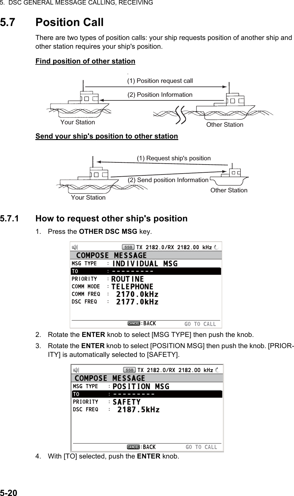 5.  DSC GENERAL MESSAGE CALLING, RECEIVING5-205.7 Position CallThere are two types of position calls: your ship requests position of another ship and other station requires your ship&apos;s position.Find position of other stationSend your ship&apos;s position to other station5.7.1 How to request other ship&apos;s position1. Press the OTHER DSC MSG key.2. Rotate the ENTER knob to select [MSG TYPE] then push the knob.3. Rotate the ENTER knob to select [POSITION MSG] then push the knob. [PRIOR-ITY] is automatically selected to [SAFETY].4. With [TO] selected, push the ENTER knob.(1) Position request call(2) Position InformationYour Station Other StationYour Station(1) Request ship&apos;s position(2) Send position InformationOther Station