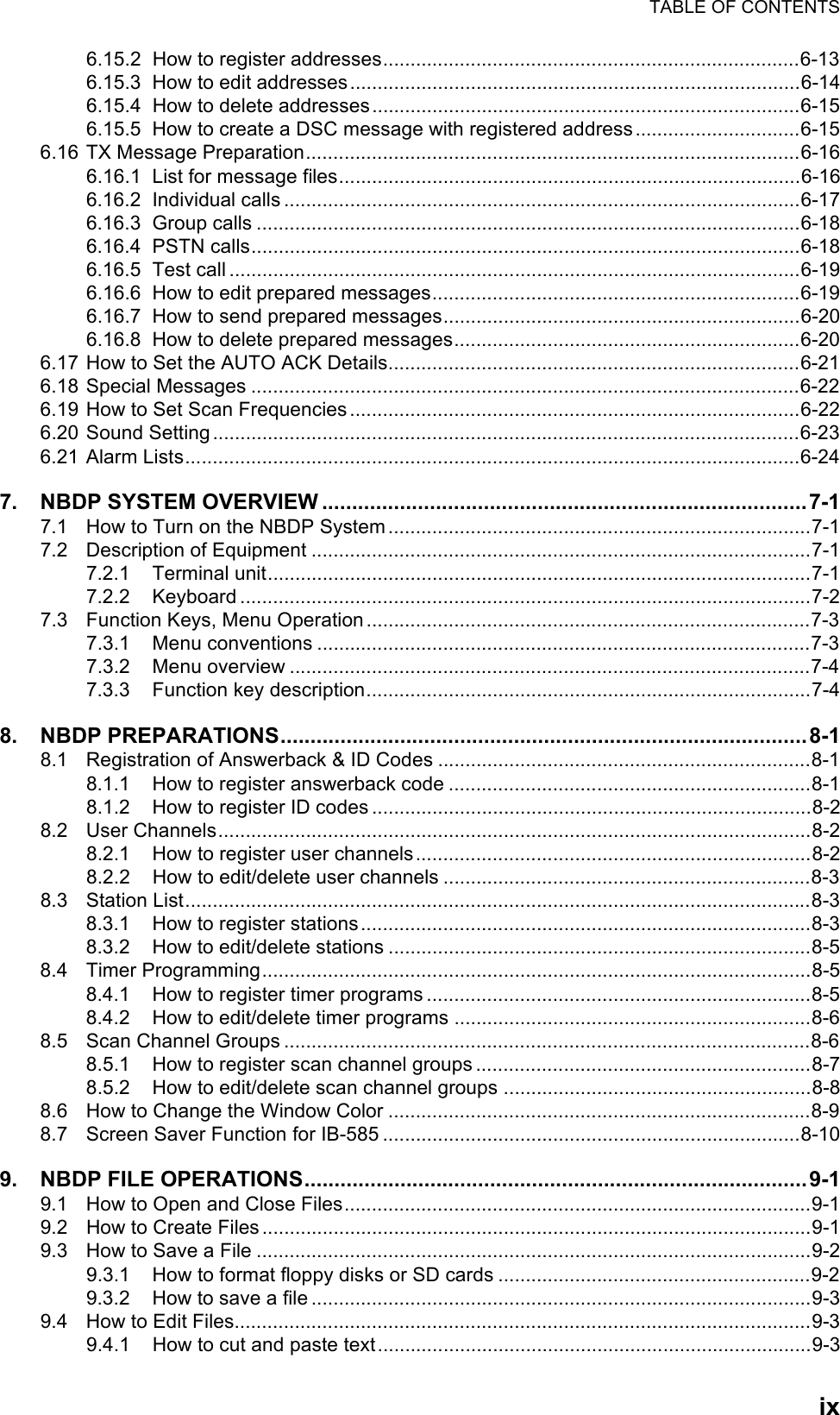 TABLE OF CONTENTSix6.15.2 How to register addresses............................................................................6-136.15.3 How to edit addresses..................................................................................6-146.15.4 How to delete addresses..............................................................................6-156.15.5 How to create a DSC message with registered address..............................6-156.16 TX Message Preparation..........................................................................................6-166.16.1 List for message files....................................................................................6-166.16.2 Individual calls ..............................................................................................6-176.16.3 Group calls ...................................................................................................6-186.16.4 PSTN calls....................................................................................................6-186.16.5 Test call ........................................................................................................6-196.16.6 How to edit prepared messages...................................................................6-196.16.7 How to send prepared messages.................................................................6-206.16.8 How to delete prepared messages...............................................................6-206.17 How to Set the AUTO ACK Details...........................................................................6-216.18 Special Messages ....................................................................................................6-226.19 How to Set Scan Frequencies ..................................................................................6-226.20 Sound Setting...........................................................................................................6-236.21 Alarm Lists................................................................................................................6-247. NBDP SYSTEM OVERVIEW .................................................................................7-17.1 How to Turn on the NBDP System .............................................................................7-17.2 Description of Equipment ...........................................................................................7-17.2.1 Terminal unit...................................................................................................7-17.2.2 Keyboard ........................................................................................................7-27.3 Function Keys, Menu Operation.................................................................................7-37.3.1 Menu conventions ..........................................................................................7-37.3.2 Menu overview ...............................................................................................7-47.3.3 Function key description.................................................................................7-48. NBDP PREPARATIONS........................................................................................8-18.1 Registration of Answerback &amp; ID Codes ....................................................................8-18.1.1 How to register answerback code ..................................................................8-18.1.2 How to register ID codes ................................................................................8-28.2 User Channels............................................................................................................8-28.2.1 How to register user channels........................................................................8-28.2.2 How to edit/delete user channels ...................................................................8-38.3 Station List..................................................................................................................8-38.3.1 How to register stations..................................................................................8-38.3.2 How to edit/delete stations .............................................................................8-58.4 Timer Programming....................................................................................................8-58.4.1 How to register timer programs ......................................................................8-58.4.2 How to edit/delete timer programs .................................................................8-68.5 Scan Channel Groups ................................................................................................8-68.5.1 How to register scan channel groups .............................................................8-78.5.2 How to edit/delete scan channel groups ........................................................8-88.6 How to Change the Window Color .............................................................................8-98.7 Screen Saver Function for IB-585 ............................................................................8-109. NBDP FILE OPERATIONS....................................................................................9-19.1 How to Open and Close Files.....................................................................................9-19.2 How to Create Files ....................................................................................................9-19.3 How to Save a File .....................................................................................................9-29.3.1 How to format floppy disks or SD cards .........................................................9-29.3.2 How to save a file ...........................................................................................9-39.4 How to Edit Files.........................................................................................................9-39.4.1 How to cut and paste text...............................................................................9-3