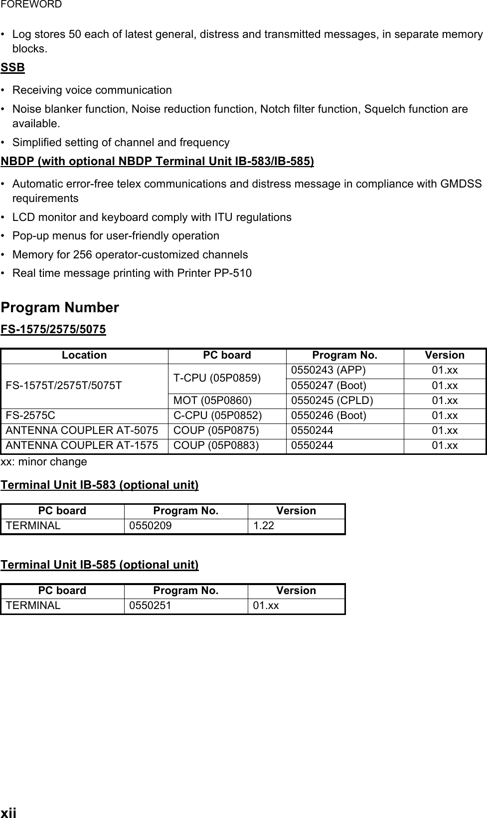 FOREWORDxii•  Log stores 50 each of latest general, distress and transmitted messages, in separate memory blocks.SSB•  Receiving voice communication•  Noise blanker function, Noise reduction function, Notch filter function, Squelch function are available.•  Simplified setting of channel and frequencyNBDP (with optional NBDP Terminal Unit IB-583/IB-585)•  Automatic error-free telex communications and distress message in compliance with GMDSS requirements•  LCD monitor and keyboard comply with ITU regulations•  Pop-up menus for user-friendly operation•  Memory for 256 operator-customized channels•  Real time message printing with Printer PP-510Program NumberFS-1575/2575/5075xx: minor changeTerminal Unit IB-583 (optional unit)Terminal Unit IB-585 (optional unit)Location PC board Program No. VersionFS-1575T/2575T/5075T T-CPU (05P0859) 0550243 (APP) 01.xx0550247 (Boot) 01.xxMOT (05P0860) 0550245 (CPLD) 01.xxFS-2575C C-CPU (05P0852) 0550246 (Boot) 01.xxANTENNA COUPLER AT-5075 COUP (05P0875) 0550244 01.xxANTENNA COUPLER AT-1575 COUP (05P0883) 0550244 01.xxPC board Program No. VersionTERMINAL 0550209 1.22PC board Program No. VersionTERMINAL 0550251 01.xx