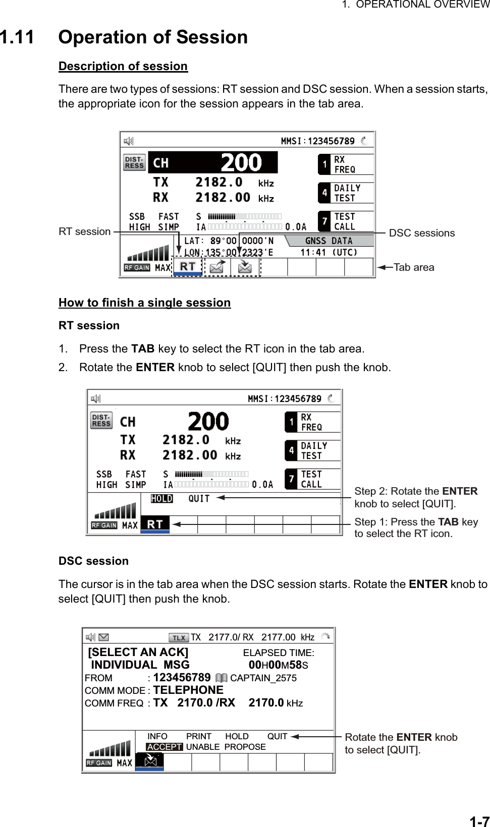 1.  OPERATIONAL OVERVIEW1-71.11 Operation of SessionDescription of sessionThere are two types of sessions: RT session and DSC session. When a session starts, the appropriate icon for the session appears in the tab area.How to finish a single sessionRT session1. Press the TAB key to select the RT icon in the tab area.2. Rotate the ENTER knob to select [QUIT] then push the knob.DSC sessionThe cursor is in the tab area when the DSC session starts. Rotate the ENTER knob to select [QUIT] then push the knob.RT session DSC sessionsTab areaStep 1: Press the TAB key to select the RT icon.Step 2: Rotate the ENTER knob to select [QUIT]. [SELECT AN ACK]                 ELAPSED TIME:  INDIVIDUAL  MSG  00H00M58SFROM : 123456789      CAPTAIN_2575COMM MODE : TELEPHONECOMM FREQ  : TX   2170.0 /RX  2170.0 kHzINFO        PRINT      HOLD        QUITACCEPT  UNABLE  PROPOSETX   2177.0/ RX   2177.00  kHzRotate the ENTER knob to select [QUIT].