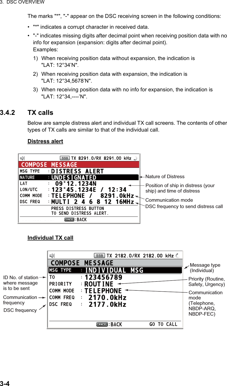 3.  DSC OVERVIEW3-4The marks &quot;*&quot;, &quot;-&quot; appear on the DSC receiving screen in the following conditions:•  &quot;*&quot; indicates a corrupt character in received data.•  &quot;-&quot; indicates missing digits after decimal point when receiving position data with no info for expansion (expansion: digits after decimal point).Examples:1) When receiving position data without expansion, the indication is&quot;LAT: 12°34’N&quot;.2) When receiving position data with expansion, the indication is&quot;LAT: 12°34,5678’N&quot;.3) When receiving position data with no info for expansion, the indication is&quot;LAT: 12°34,----’N&quot;.3.4.2 TX callsBelow are sample distress alert and individual TX call screens. The contents of other types of TX calls are similar to that of the individual call.Distress alertIndividual TX callNature of DistressPosition of ship in distress (your ship) and time of distressCommunication modeDSC frequency to send distress callMessage type (Individual)ID No. of station where message is to be sentPriority (Routine, Safety, Urgency)Communication mode (Telephone, NBDP-ARQ, NBDP-FEC)Communication frequencyDSC frequency