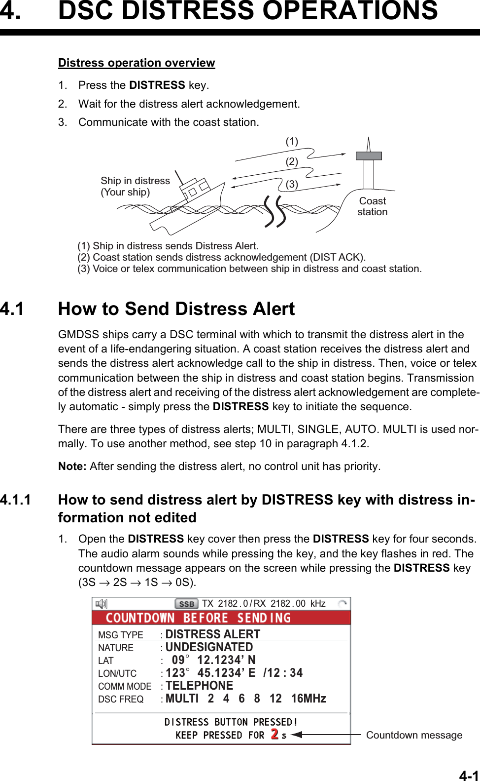 4-14. DSC DISTRESS OPERATIONSDistress operation overview1. Press the DISTRESS key.2. Wait for the distress alert acknowledgement.3. Communicate with the coast station.4.1 How to Send Distress AlertGMDSS ships carry a DSC terminal with which to transmit the distress alert in the event of a life-endangering situation. A coast station receives the distress alert and sends the distress alert acknowledge call to the ship in distress. Then, voice or telex communication between the ship in distress and coast station begins. Transmission of the distress alert and receiving of the distress alert acknowledgement are complete-ly automatic - simply press the DISTRESS key to initiate the sequence.There are three types of distress alerts; MULTI, SINGLE, AUTO. MULTI is used nor-mally. To use another method, see step 10 in paragraph 4.1.2.Note: After sending the distress alert, no control unit has priority.4.1.1 How to send distress alert by DISTRESS key with distress in-formation not edited1. Open the DISTRESS key cover then press the DISTRESS key for four seconds. The audio alarm sounds while pressing the key, and the key flashes in red. The countdown message appears on the screen while pressing the DISTRESS key (3S → 2S → 1S → 0S). (3)(2)(1)Ship in distress (Your ship)(1) Ship in distress sends Distress Alert.(2) Coast station sends distress acknowledgement (DIST ACK).(3) Voice or telex communication between ship in distress and coast station.Coast stationCountdown messageTX  2182 . 0 / RX  2182 . 00  kHzMSG TYPE       : DISTRESS ALERTNATURE           : UNDESIGNATEDLAT                    :   09°  12.1234’ NLON/UTC          : 123°  45.1234’ E  /12 : 34COMM MODE    : TELEPHONEDSC FREQ       : MULTI   2   4   6   8   12   16MHz