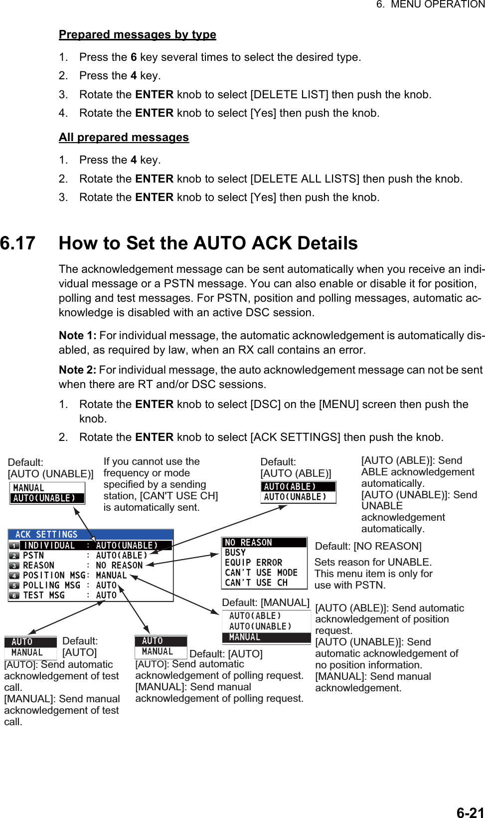 6.  MENU OPERATION6-21Prepared messages by type1. Press the 6 key several times to select the desired type.2. Press the 4 key.3. Rotate the ENTER knob to select [DELETE LIST] then push the knob.4. Rotate the ENTER knob to select [Yes] then push the knob.All prepared messages1. Press the 4 key.2. Rotate the ENTER knob to select [DELETE ALL LISTS] then push the knob.3. Rotate the ENTER knob to select [Yes] then push the knob.6.17 How to Set the AUTO ACK DetailsThe acknowledgement message can be sent automatically when you receive an indi-vidual message or a PSTN message. You can also enable or disable it for position, polling and test messages. For PSTN, position and polling messages, automatic ac-knowledge is disabled with an active DSC session.Note 1: For individual message, the automatic acknowledgement is automatically dis-abled, as required by law, when an RX call contains an error.Note 2: For individual message, the auto acknowledgement message can not be sent when there are RT and/or DSC sessions.1. Rotate the ENTER knob to select [DSC] on the [MENU] screen then push the knob.2. Rotate the ENTER knob to select [ACK SETTINGS] then push the knob.Default:[AUTO (UNABLE)][AUTO (ABLE)]: Send ABLE acknowledgement automatically.[AUTO (UNABLE)]: Send UNABLE acknowledgement automatically.Sets reason for UNABLE. This menu item is only for use with PSTN. Default: [MANUAL] [AUTO (ABLE)]: Send automatic acknowledgement of position request.[AUTO (UNABLE)]: Send automatic acknowledgement of no position information.[MANUAL]: Send manual acknowledgement.Default: [AUTO][AUTO]: Send automatic acknowledgement of polling request.[MANUAL]: Send manual acknowledgement of polling request.Default: [AUTO][AUTO]: Send automatic acknowledgement of test call.[MANUAL]: Send manual acknowledgement of test call.Default: [NO REASON]Default:[AUTO (ABLE)]If you cannot use the frequency or mode specified by a sending station, [CAN&apos;T USE CH] is automatically sent.  