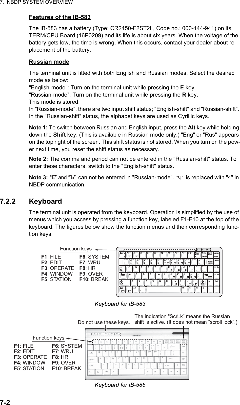 7.  NBDP SYSTEM OVERVIEW7-2Features of the IB-583The IB-583 has a battery (Type: CR2450-F2ST2L, Code no.: 000-144-941) on its TERM/CPU Board (16P0209) and its life is about six years. When the voltage of the battery gets low, the time is wrong. When this occurs, contact your dealer about re-placement of the battery.Russian modeThe terminal unit is fitted with both English and Russian modes. Select the desired mode as below:&quot;English-mode&quot;: Turn on the terminal unit while pressing the E key.&quot;Russian-mode&quot;: Turn on the terminal unit while pressing the R key.This mode is stored.In &quot;Russian-mode&quot;, there are two input shift status; &quot;English-shift&quot; and &quot;Russian-shift&quot;. In the &quot;Russian-shift&quot; status, the alphabet keys are used as Cyrillic keys.Note 1: To switch between Russian and English input, press the Alt key while holding down the Shift key. (This is available in Russian mode only.) &quot;Eng&quot; or &quot;Rus&quot; appears on the top right of the screen. This shift status is not stored. When you turn on the pow-er next time, you reset the shift status as necessary.Note 2: The comma and period can not be entered in the &quot;Russian-shift&quot; status. To enter these characters, switch to the &quot;English-shift&quot; status.Note 3:   can not be entered in &quot;Russian-mode&quot;.   is replaced with &quot;4&quot; in NBDP communication.7.2.2 KeyboardThe terminal unit is operated from the keyboard. Operation is simplified by the use of menus which you access by pressing a function key, labeled F1-F10 at the top of the keyboard. The figures below show the function menus and their corresponding func-tion keys.Keyboard for IB-583Keyboard for IB-585“Ë” and “Ъ” “Ч”5!1@2#3$4%5^6+=&amp;77(99Back-spaceHome88)0Pg UpQ W E R T Y I{[}]\TabU4O6P-Pg DnA S D F GH&quot;&apos;Enter EnterCapsLockJ1K2L3:;+EndShiftZ X C V B N&lt;,?//&gt;.M0ShiftCtrlCtrl FnAlt Alt Ins DelEsc F3 F4 F5 F6 F7 F8 F9 F10NumLockPrt ScSys RqScrollLock PauseBreakF1F11F2F125_-~,.F1: FILEF2: EDITF3: OPERATEF4: WINDOWF5: STATIONF6: SYSTEMF7: WRUF8: HRF9: OVERF10: BREAKFunction keysDo not use these keys.The indication “ScrLk” means the Russian shift is active. (It does not mean “scroll lock”.)F1: FILEF2: EDITF3: OPERATEF4: WINDOWF5: STATIONF6: SYSTEMF7: WRUF8: HRF9: OVERF10: BREAKFunction keys