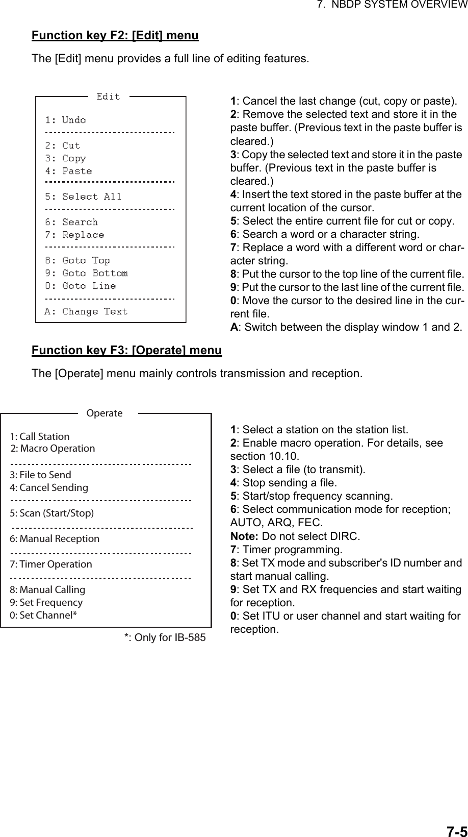 7.  NBDP SYSTEM OVERVIEW7-5Function key F2: [Edit] menuThe [Edit] menu provides a full line of editing features.Function key F3: [Operate] menuThe [Operate] menu mainly controls transmission and reception.1: Cancel the last change (cut, copy or paste).2: Remove the selected text and store it in the paste buffer. (Previous text in the paste buffer is cleared.)3: Copy the selected text and store it in the paste buffer. (Previous text in the paste buffer is cleared.)4: Insert the text stored in the paste buffer at the current location of the cursor.5: Select the entire current file for cut or copy.6: Search a word or a character string.7: Replace a word with a different word or char-acter string.8: Put the cursor to the top line of the current file.9: Put the cursor to the last line of the current file.0: Move the cursor to the desired line in the cur-rent file.A: Switch between the display window 1 and 2.1: Select a station on the station list.2: Enable macro operation. For details, see section 10.10.3: Select a file (to transmit).4: Stop sending a file.5: Start/stop frequency scanning.6: Select communication mode for reception; AUTO, ARQ, FEC.Note: Do not select DIRC.7: Timer programming.8: Set TX mode and subscriber&apos;s ID number and start manual calling.9: Set TX and RX frequencies and start waiting for reception.0: Set ITU or user channel and start waiting for reception.1: Call Station3: File to Send4: Cancel Sending5: Scan (Start/Stop)6: Manual Reception7: Timer Operation8: Manual Calling9: Set Frequency0: Set Channel*Operate2: Macro Operation *: Only for IB-585