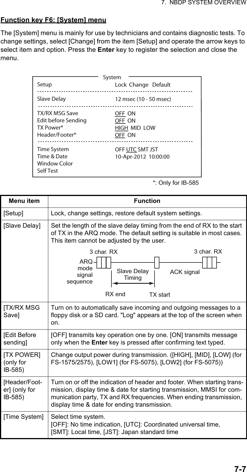 7.  NBDP SYSTEM OVERVIEW7-7Function key F6: [System] menuThe [System] menu is mainly for use by technicians and contains diagnostic tests. To change settings, select [Change] from the item [Setup] and operate the arrow keys to select item and option. Press the Enter key to register the selection and close the menu.Menu item Function[Setup] Lock, change settings, restore default system settings.[Slave Delay] Set the length of the slave delay timing from the end of RX to the start of TX in the ARQ mode. The default setting is suitable in most cases. This item cannot be adjusted by the user.[TX/RX MSG Save]Turn on to automatically save incoming and outgoing messages to a floppy disk or a SD card. &quot;Log&quot; appears at the top of the screen when on.[Edit Before sending][OFF] transmits key operation one by one. [ON] transmits message only when the Enter key is pressed after confirming text typed.[TX POWER] (only forIB-585)Change output power during transmission. ([HIGH], [MID], [LOW] (for FS-1575/2575), [LOW1] (for FS-5075), [LOW2] (for FS-5075))[Header/Foot-er] (only forIB-585)Turn on or off the indication of header and footer. When starting trans-mission, display time &amp; date for starting transmission, MMSI for com-munication party, TX and RX frequencies. When ending transmission, display time &amp; date for ending transmission.[Time System] Select time system.[OFF]: No time indication, [UTC]: Coordinated universal time,[SMT]: Local time, [JST]: Japan standard timeSetupSlave DelayTX/RX MSG SaveEdit before SendingTX Power*Header/Footer*Time SystemTime &amp; DateWindow ColorSelf TestLock  Change   Default12 msec (10 - 50 msec)OFF  ONOFF  ONHIGH  MID  LOWOFF  ONOFF UTC SMT JST10-Apr-2012  10:00:00System*: Only for IB-585ARQ mode signal sequence3 char. RX 3 char. RXSlave Delay TimingRX end TX startACK signal