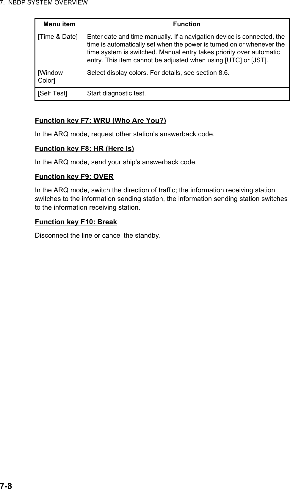 7.  NBDP SYSTEM OVERVIEW7-8Function key F7: WRU (Who Are You?)In the ARQ mode, request other station&apos;s answerback code.Function key F8: HR (Here Is)In the ARQ mode, send your ship&apos;s answerback code.Function key F9: OVERIn the ARQ mode, switch the direction of traffic; the information receiving station switches to the information sending station, the information sending station switches to the information receiving station.Function key F10: BreakDisconnect the line or cancel the standby.[Time &amp; Date] Enter date and time manually. If a navigation device is connected, the time is automatically set when the power is turned on or whenever the time system is switched. Manual entry takes priority over automatic entry. This item cannot be adjusted when using [UTC] or [JST].[WindowColor]Select display colors. For details, see section 8.6.[Self Test] Start diagnostic test.Menu item Function
