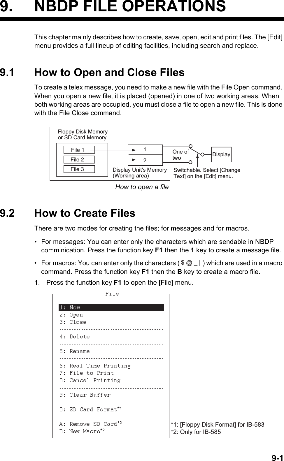 9-19. NBDP FILE OPERATIONSThis chapter mainly describes how to create, save, open, edit and print files. The [Edit] menu provides a full lineup of editing facilities, including search and replace.9.1 How to Open and Close FilesTo create a telex message, you need to make a new file with the File Open command. When you open a new file, it is placed (opened) in one of two working areas. When both working areas are occupied, you must close a file to open a new file. This is done with the File Close command.How to open a file9.2 How to Create FilesThere are two modes for creating the files; for messages and for macros.•  For messages: You can enter only the characters which are sendable in NBDP comminication. Press the function key F1 then the 1 key to create a message file.•  For macros: You can enter only the characters ( ) which are used in a macro command. Press the function key F1 then the B key to create a macro file.1. Press the function key F1 to open the [File] menu.12Floppy Disk Memory or SD Card MemoryFile 1File 2File 3 Display Unit&apos;s Memory (Working area)One of two DisplaySwitchable. Select [Change Text] on the [Edit] menu.$ @ _ |*1*2*2*1: [Floppy Disk Format] for IB-583 *2: Only for IB-585