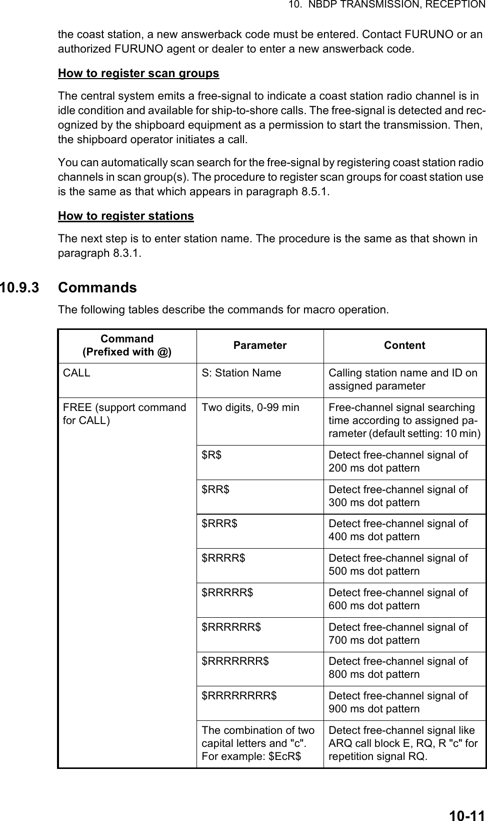 10.  NBDP TRANSMISSION, RECEPTION10-11the coast station, a new answerback code must be entered. Contact FURUNO or an authorized FURUNO agent or dealer to enter a new answerback code.How to register scan groupsThe central system emits a free-signal to indicate a coast station radio channel is in idle condition and available for ship-to-shore calls. The free-signal is detected and rec-ognized by the shipboard equipment as a permission to start the transmission. Then, the shipboard operator initiates a call.You can automatically scan search for the free-signal by registering coast station radio channels in scan group(s). The procedure to register scan groups for coast station use is the same as that which appears in paragraph 8.5.1.How to register stationsThe next step is to enter station name. The procedure is the same as that shown in paragraph 8.3.1.10.9.3 CommandsThe following tables describe the commands for macro operation.Command(Prefixed with @) Parameter ContentCALL S: Station Name Calling station name and ID on assigned parameterFREE (support command for CALL)Two digits, 0-99 min Free-channel signal searching time according to assigned pa-rameter (default setting: 10 min)$R$ Detect free-channel signal of 200 ms dot pattern$RR$ Detect free-channel signal of 300 ms dot pattern$RRR$ Detect free-channel signal of 400 ms dot pattern$RRRR$ Detect free-channel signal of 500 ms dot pattern$RRRRR$ Detect free-channel signal of 600 ms dot pattern$RRRRRR$ Detect free-channel signal of 700 ms dot pattern$RRRRRRR$ Detect free-channel signal of 800 ms dot pattern$RRRRRRRR$ Detect free-channel signal of 900 ms dot patternThe combination of two capital letters and &quot;c&quot;. For example: $EcR$Detect free-channel signal like ARQ call block E, RQ, R &quot;c&quot; for repetition signal RQ.