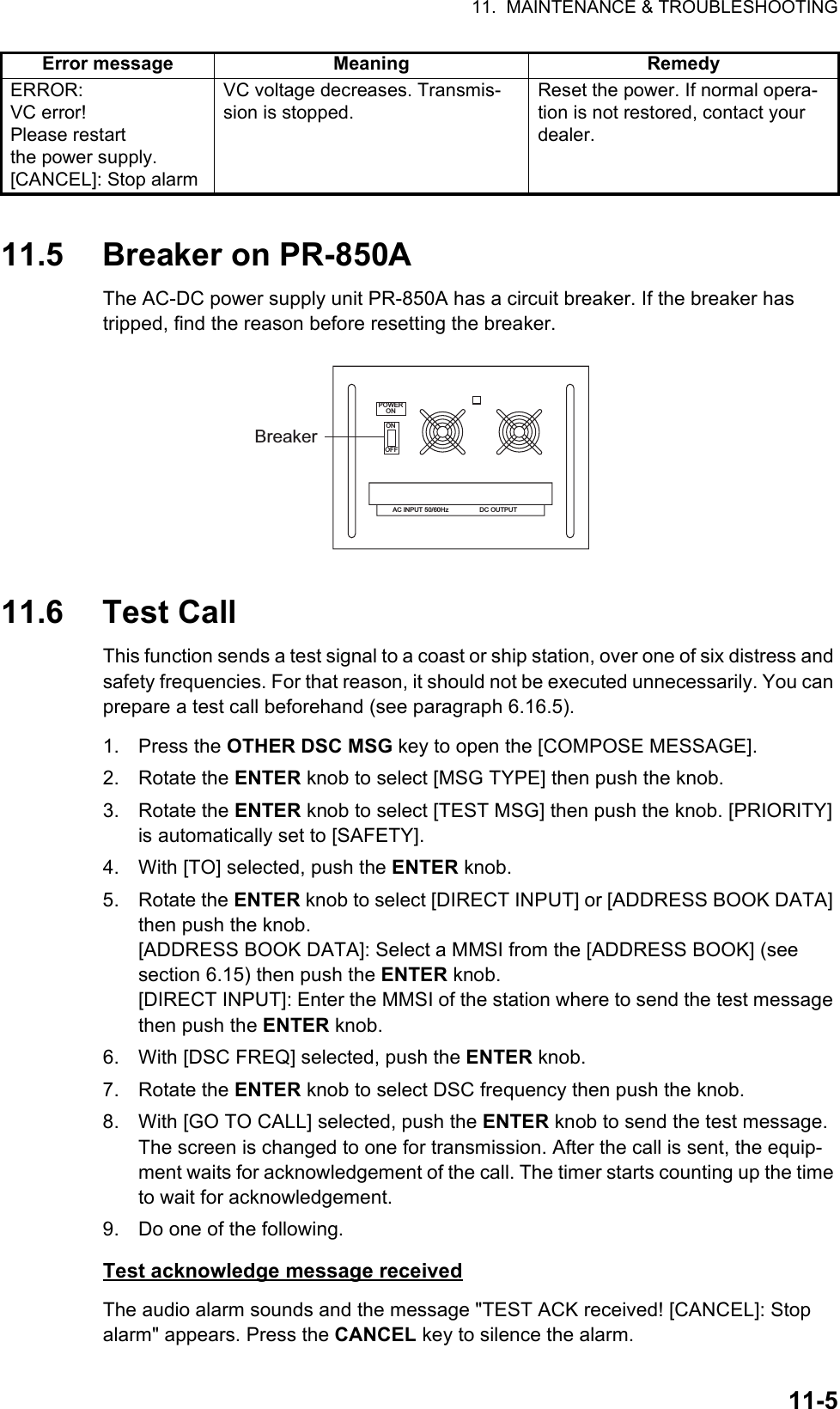 11.  MAINTENANCE &amp; TROUBLESHOOTING11-511.5 Breaker on PR-850AThe AC-DC power supply unit PR-850A has a circuit breaker. If the breaker has tripped, find the reason before resetting the breaker.11.6 Test CallThis function sends a test signal to a coast or ship station, over one of six distress and safety frequencies. For that reason, it should not be executed unnecessarily. You can prepare a test call beforehand (see paragraph 6.16.5).1. Press the OTHER DSC MSG key to open the [COMPOSE MESSAGE].2. Rotate the ENTER knob to select [MSG TYPE] then push the knob.3. Rotate the ENTER knob to select [TEST MSG] then push the knob. [PRIORITY] is automatically set to [SAFETY].4. With [TO] selected, push the ENTER knob.5. Rotate the ENTER knob to select [DIRECT INPUT] or [ADDRESS BOOK DATA] then push the knob.[ADDRESS BOOK DATA]: Select a MMSI from the [ADDRESS BOOK] (see section 6.15) then push the ENTER knob.[DIRECT INPUT]: Enter the MMSI of the station where to send the test message then push the ENTER knob.6. With [DSC FREQ] selected, push the ENTER knob.7. Rotate the ENTER knob to select DSC frequency then push the knob.8. With [GO TO CALL] selected, push the ENTER knob to send the test message. The screen is changed to one for transmission. After the call is sent, the equip-ment waits for acknowledgement of the call. The timer starts counting up the time to wait for acknowledgement.9. Do one of the following.Test acknowledge message receivedThe audio alarm sounds and the message &quot;TEST ACK received! [CANCEL]: Stop alarm&quot; appears. Press the CANCEL key to silence the alarm.ERROR:VC error!Please restartthe power supply.[CANCEL]: Stop alarmVC voltage decreases. Transmis-sion is stopped.Reset the power. If normal opera-tion is not restored, contact your dealer.Error message Meaning RemedyPOWERONONOFFAC INPUT 50/60Hz DC OUTPUTBreaker