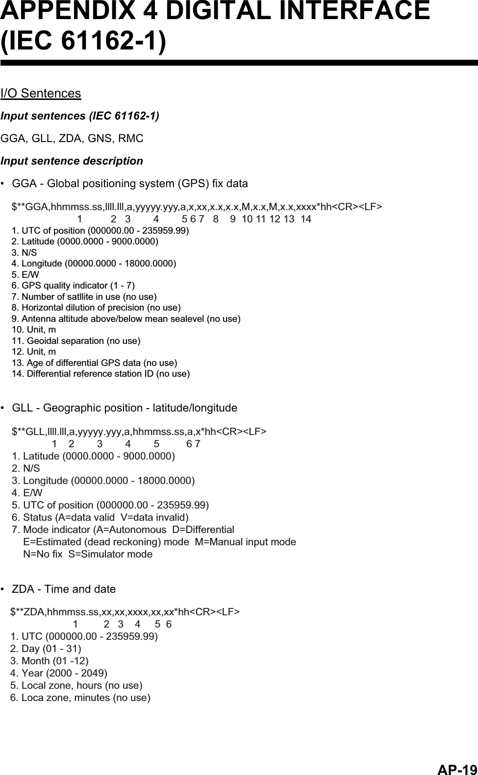 AP-19APPENDIX 4 DIGITAL INTERFACE (IEC 61162-1)I/O SentencesInput sentences (IEC 61162-1)GGA, GLL, ZDA, GNS, RMCInput sentence description•  GGA - Global positioning system (GPS) fix data•  GLL - Geographic position - latitude/longitude•  ZDA - Time and date$**GGA,hhmmss.ss,llll.lll,a,yyyyy.yyy,a,x,xx,x.x,x.x,M,x.x,M,x.x,xxxx*hh&lt;CR&gt;&lt;LF&gt;                      1          2   3        4        5 6 7   8    9  10 11 12 13  141. UTC of position (000000.00 - 235959.99)2. Latitude (0000.0000 - 9000.0000)3. N/S4. Longitude (00000.0000 - 18000.0000)5. E/W6. GPS quality indicator (1 - 7)7. Number of satllite in use (no use)8. Horizontal dilution of precision (no use)9. Antenna altitude above/below mean sealevel (no use)10. Unit, m11. Geoidal separation (no use)12. Unit, m13. Age of differential GPS data (no use) 14. Differential reference station ID (no use)$**GLL,llll.lll,a,yyyyy.yyy,a,hhmmss.ss,a,x*hh&lt;CR&gt;&lt;LF&gt;             1    2        3        4        5          6 7      1. Latitude (0000.0000 - 9000.0000)2. N/S3. Longitude (00000.0000 - 18000.0000)4. E/W5. UTC of position (000000.00 - 235959.99)6. Status (A=data valid  V=data invalid)7. Mode indicator (A=Autonomous  D=Differential   E=Estimated (dead reckoning) mode  M=Manual input mode   N=No fix  S=Simulator mode$**ZDA,hhmmss.ss,xx,xx,xxxx,xx,xx*hh&lt;CR&gt;&lt;LF&gt;                     1         2   3    4     5  61. UTC (000000.00 - 235959.99)2. Day (01 - 31)3. Month (01 -12)4. Year (2000 - 2049)5. Local zone, hours (no use)6. Loca zone, minutes (no use)