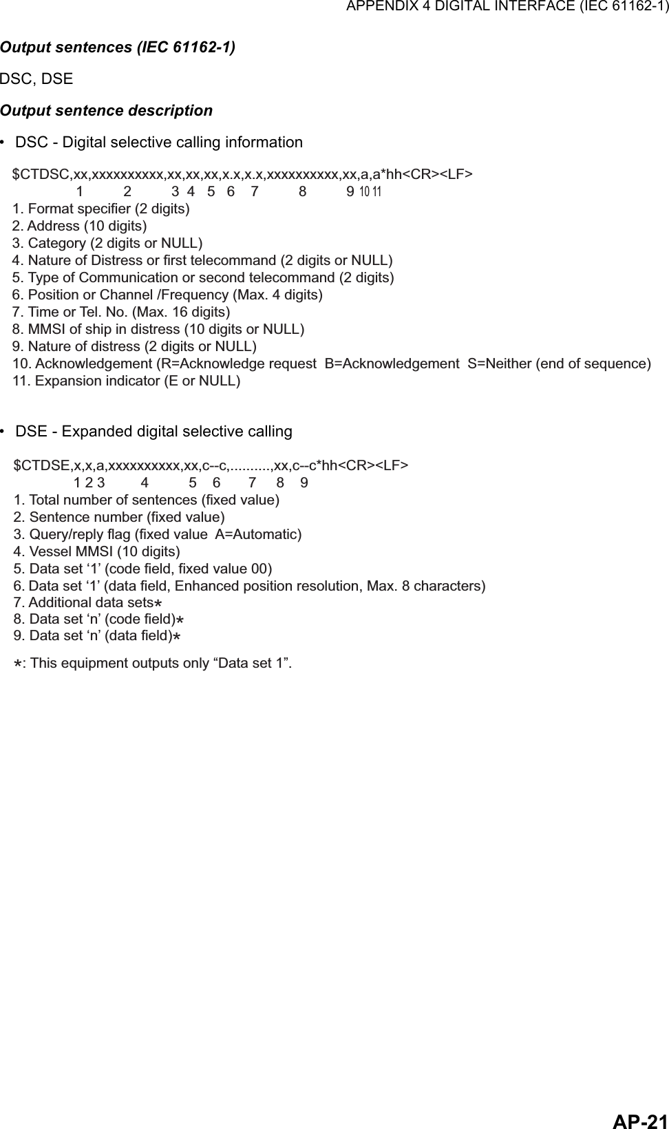 APPENDIX 4 DIGITAL INTERFACE (IEC 61162-1)AP-21Output sentences (IEC 61162-1)DSC, DSEOutput sentence description•  DSC - Digital selective calling information•  DSE - Expanded digital selective calling$CTDSC,xx,xxxxxxxxxx,xx,xx,xx,x.x,x.x,xxxxxxxxxx,xx,a,a*hh&lt;CR&gt;&lt;LF&gt;               1          2          3  4   5   6    7          8          9  10 11   1. Format specifier (2 digits)2. Address (10 digits)3. Category (2 digits or NULL)4. Nature of Distress or first telecommand (2 digits or NULL)5. Type of Communication or second telecommand (2 digits)6. Position or Channel /Frequency (Max. 4 digits)7. Time or Tel. No. (Max. 16 digits)8. MMSI of ship in distress (10 digits or NULL)9. Nature of distress (2 digits or NULL)10. Acknowledgement (R=Acknowledge request  B=Acknowledgement  S=Neither (end of sequence)11. Expansion indicator (E or NULL)$CTDSE,x,x,a,xxxxxxxxxx,xx,c--c,..........,xx,c--c*hh&lt;CR&gt;&lt;LF&gt;               1 2 3         4          5    6       7     8    9 1. Total number of sentences (fixed value)2. Sentence number (fixed value)3. Query/reply flag (fixed value  A=Automatic)4. Vessel MMSI (10 digits)5. Data set ‘1’ (code field, fixed value 00)6. Data set ‘1’ (data field, Enhanced position resolution, Max. 8 characters)7. Additional data sets*8. Data set ‘n’ (code field)*9. Data set ‘n’ (data field)**: This equipment outputs only “Data set 1”.