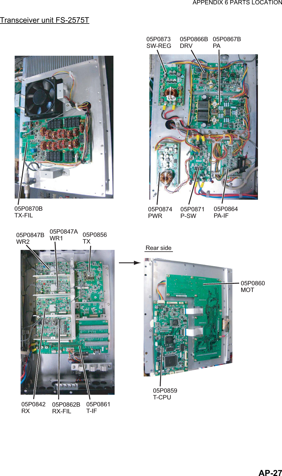 APPENDIX 6 PARTS LOCATIONAP-27Transceiver unit FS-2575T05P0873 SW-REG05P0866B DRV05P0867B PA05P0874 PWR05P0871 P-SW05P0864 PA-IF05P0847B WR205P0856 TX05P0842 RX05P0862B RX-FIL05P0861 T-IFRear side05P0860 MOT05P0859 T-CPU05P0847A WR105P0870B TX-FIL