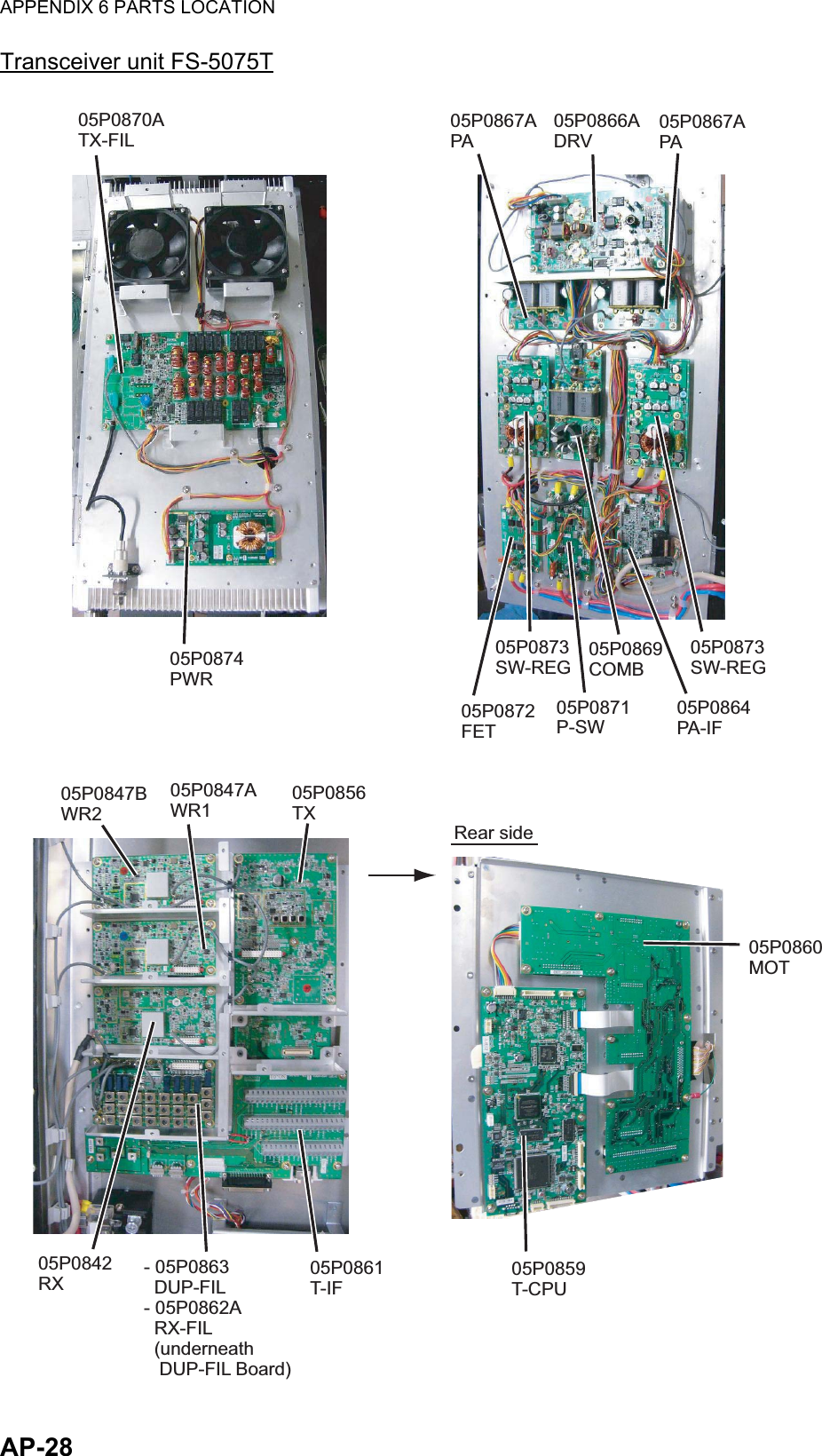 APPENDIX 6 PARTS LOCATIONAP-28Transceiver unit FS-5075T05P0867A PA05P0866A DRV 05P0867A PA05P0872 FET05P0871 P-SW 05P0864 PA-IF05P0847B WR205P0856 TX05P0842 RX - 05P0863  DUP-FIL- 05P0862A  RX-FIL  (underneath   DUP-FIL Board)05P0861 T-IFRear side05P0860 MOT05P0859 T-CPU05P0873 SW-REG05P0873 SW-REG 05P0869 COMB05P0874 PWR05P0870A TX-FIL05P0847A WR1