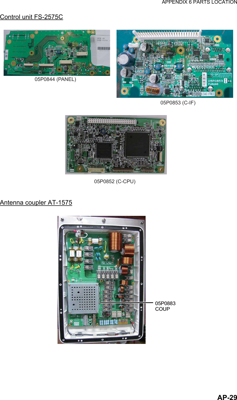 APPENDIX 6 PARTS LOCATIONAP-29Control unit FS-2575CAntenna coupler AT-157505P0844 (PANEL)05P0853 (C-IF)05P0852 (C-CPU)05P0883 COUP