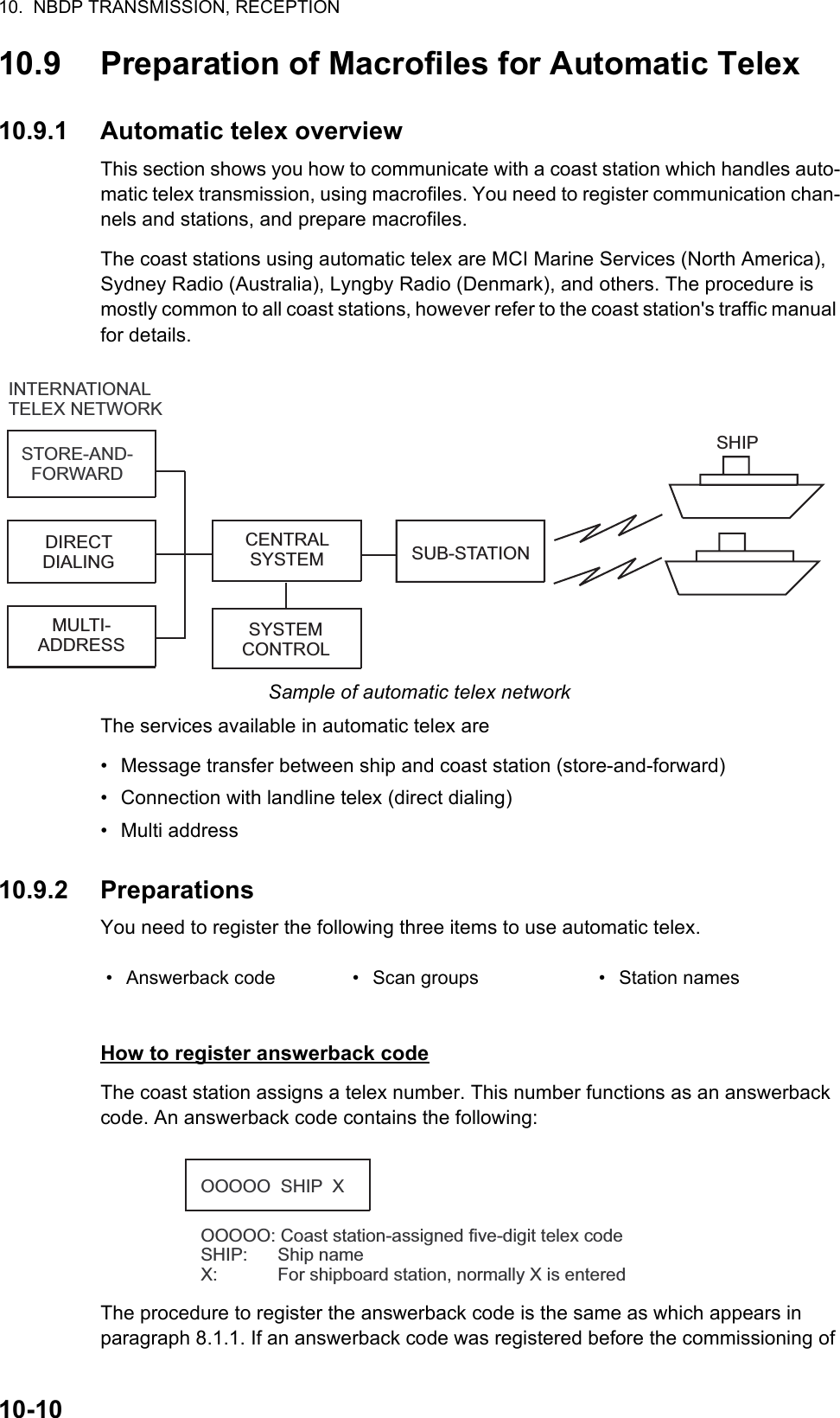 10.  NBDP TRANSMISSION, RECEPTION10-1010.9 Preparation of Macrofiles for Automatic Telex10.9.1 Automatic telex overviewThis section shows you how to communicate with a coast station which handles auto-matic telex transmission, using macrofiles. You need to register communication chan-nels and stations, and prepare macrofiles.The coast stations using automatic telex are MCI Marine Services (North America), Sydney Radio (Australia), Lyngby Radio (Denmark), and others. The procedure is mostly common to all coast stations, however refer to the coast station&apos;s traffic manual for details.Sample of automatic telex networkThe services available in automatic telex are•  Message transfer between ship and coast station (store-and-forward)•  Connection with landline telex (direct dialing)• Multi address10.9.2 PreparationsYou need to register the following three items to use automatic telex.How to register answerback codeThe coast station assigns a telex number. This number functions as an answerback code. An answerback code contains the following:The procedure to register the answerback code is the same as which appears in paragraph 8.1.1. If an answerback code was registered before the commissioning of •  Answerback code •  Scan groups •  Station namesINTERNATIONAL TELEX NETWORKSTORE-AND-FORWARDDIRECT DIALINGMULTI-ADDRESSCENTRAL SYSTEMSYSTEM CONTROLSUB-STATIONSHIPOOOOO  SHIP  XOOOOO: Coast station-assigned five-digit telex codeSHIP:      Ship nameX:            For shipboard station, normally X is entered