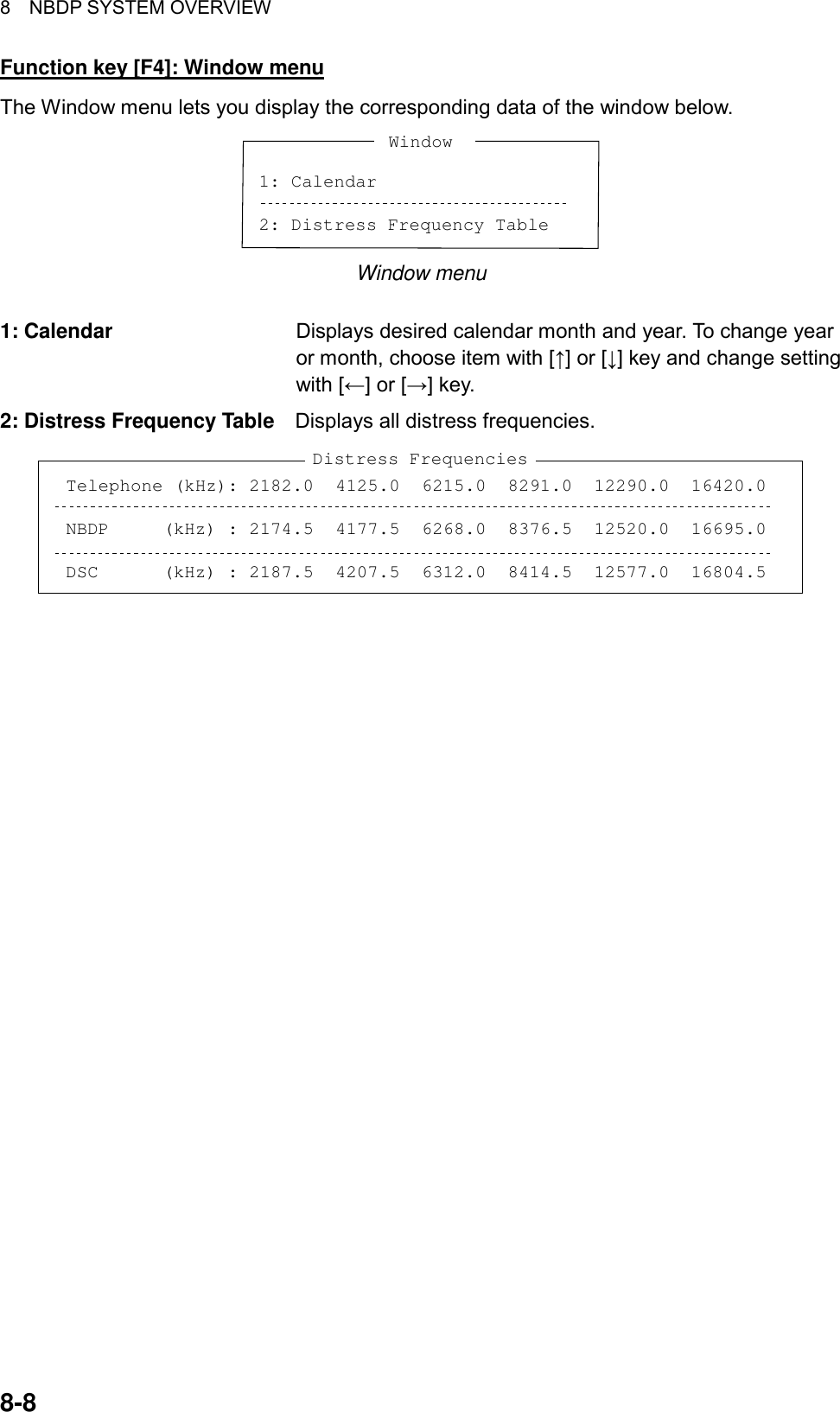 8  NBDP SYSTEM OVERVIEW  8-8 Function key [F4]: Window menu The Window menu lets you display the corresponding data of the window below. 1: Calendar2: Distress Frequency Table Window Window menu  1: Calendar  Displays desired calendar month and year. To change year or month, choose item with [↑] or [↓] key and change setting with [←] or [→] key. 2: Distress Frequency Table  Displays all distress frequencies. Distress FrequenciesTelephone (kHz): 2182.0  4125.0  6215.0  8291.0  12290.0  16420.0NBDP     (kHz) : 2174.5  4177.5  6268.0  8376.5  12520.0  16695.0DSC      (kHz) : 2187.5  4207.5  6312.0  8414.5  12577.0  16804.5   
