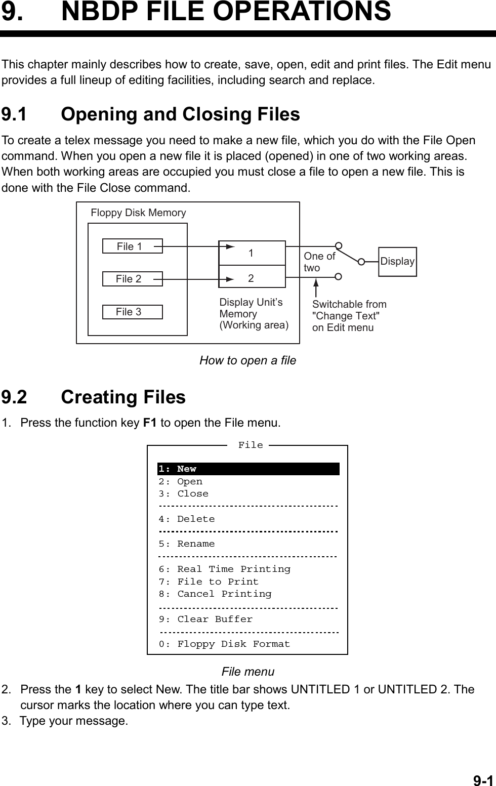   9-19.  NBDP FILE OPERATIONS This chapter mainly describes how to create, save, open, edit and print files. The Edit menu provides a full lineup of editing facilities, including search and replace.  9.1  Opening and Closing Files To create a telex message you need to make a new file, which you do with the File Open command. When you open a new file it is placed (opened) in one of two working areas. When both working areas are occupied you must close a file to open a new file. This is done with the File Close command. 12Floppy Disk MemoryFile 1File 2File 3 Display Unit’s Memory (Working area)One of two DisplaySwitchable from &quot;Change Text&quot; on Edit menu How to open a file  9.2 Creating Files 1.  Press the function key F1 to open the File menu. 1: New2: Open3: Close4: Delete5: Rename6: Real Time Printing7: File to Print8: Cancel Printing9: Clear Buffer0: Floppy Disk FormatFile File menu 2. Press the 1 key to select New. The title bar shows UNTITLED 1 or UNTITLED 2. The cursor marks the location where you can type text. 3. Type your message.  