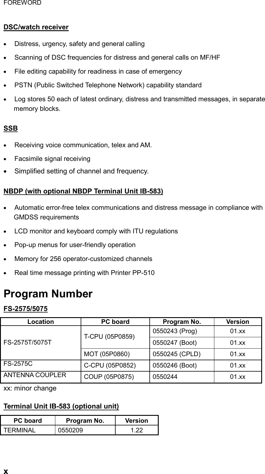 FOREWORD  x  DSC/watch receiver •  Distress, urgency, safety and general calling •  Scanning of DSC frequencies for distress and general calls on MF/HF •  File editing capability for readiness in case of emergency •  PSTN (Public Switched Telephone Network) capability standard •  Log stores 50 each of latest ordinary, distress and transmitted messages, in separate memory blocks.  SSB •  Receiving voice communication, telex and AM. •  Facsimile signal receiving •  Simplified setting of channel and frequency.  NBDP (with optional NBDP Terminal Unit IB-583) •  Automatic error-free telex communications and distress message in compliance with GMDSS requirements •  LCD monitor and keyboard comply with ITU regulations •  Pop-up menus for user-friendly operation •  Memory for 256 operator-customized channels •  Real time message printing with Printer PP-510  Program Number FS-2575/5075 Location  PC board  Program No.  Version 0550243 (Prog)  01.xx T-CPU (05P0859)  0550247 (Boot)  01.xx FS-2575T/5075T MOT (05P0860)  0550245 (CPLD)  01.xx FS-2575C  C-CPU (05P0852)  0550246 (Boot)  01.xx ANTENNA COUPLER  COUP (05P0875)  0550244  01.xx xx: minor change  Terminal Unit IB-583 (optional unit) PC board  Program No.  Version TERMINAL 0550209  1.22   