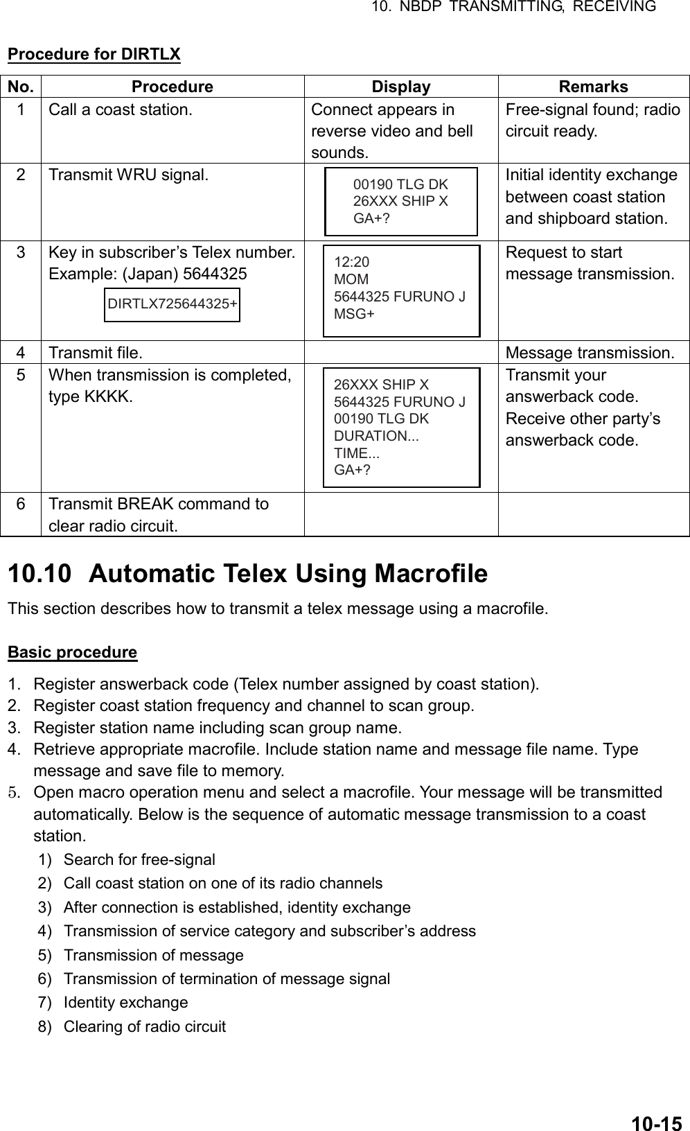 10. NBDP TRANSMITTING, RECEIVING  10-15Procedure for DIRTLX No. Procedure  Display  Remarks 1  Call a coast station.  Connect appears in reverse video and bell sounds. Free-signal found; radio circuit ready. 2 Transmit WRU signal. 00190 TLG DK26XXX SHIP XGA+? Initial identity exchange between coast station and shipboard station. 3  Key in subscriber’s Telex number. Example: (Japan) 5644325 DIRTLX725644325+ 12:20MOM5644325 FURUNO JMSG+ Request to start message transmission. 4 Transmit file.    Message transmission. 5  When transmission is completed, type KKKK. 26XXX SHIP X5644325 FURUNO J00190 TLG DKDURATION...TIME...GA+? Transmit your answerback code. Receive other party’s answerback code. 6  Transmit BREAK command to clear radio circuit.    10.10  Automatic Telex Using Macrofile This section describes how to transmit a telex message using a macrofile.  Basic procedure 1.  Register answerback code (Telex number assigned by coast station). 2.  Register coast station frequency and channel to scan group. 3.  Register station name including scan group name. 4.  Retrieve appropriate macrofile. Include station name and message file name. Type message and save file to memory. 5.  Open macro operation menu and select a macrofile. Your message will be transmitted automatically. Below is the sequence of automatic message transmission to a coast station. 1)  Search for free-signal 2)  Call coast station on one of its radio channels 3)  After connection is established, identity exchange 4)  Transmission of service category and subscriber’s address 5) Transmission of message 6)  Transmission of termination of message signal 7) Identity exchange 8)  Clearing of radio circuit  