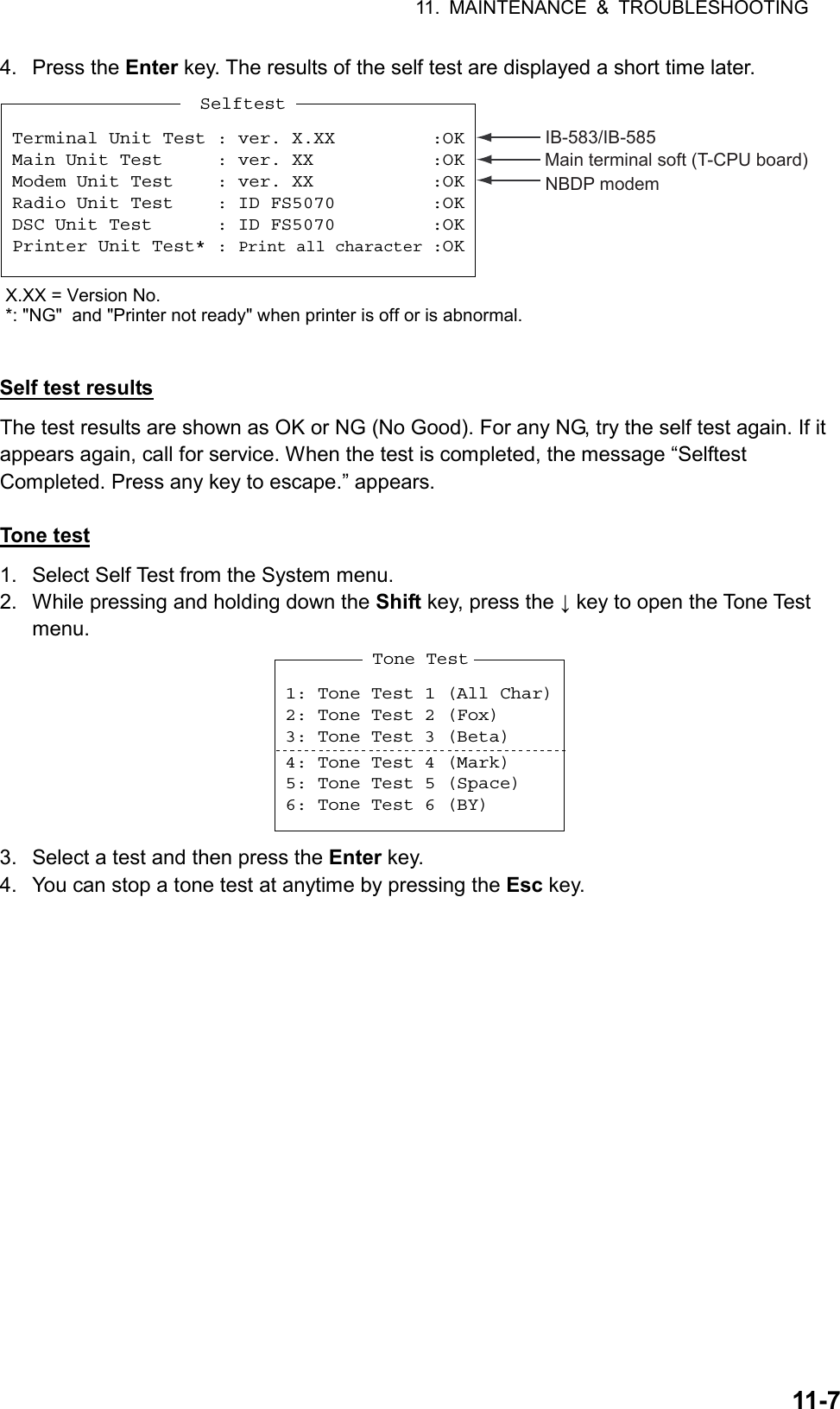 11. MAINTENANCE &amp; TROUBLESHOOTING  11-74. Press the Enter key. The results of the self test are displayed a short time later.  Selftest Terminal Unit Test : ver. X.XX         :OKMain Unit Test     : ver. XX           :OKModem Unit Test    : ver. XX           :OKRadio Unit Test    : ID FS5070         :OKDSC Unit Test      : ID FS5070         :OKPrinter Unit Test* : Print all character :OKX.XX = Version No.*: &quot;NG&quot;  and &quot;Printer not ready&quot; when printer is off or is abnormal.IB-583/IB-585Main terminal soft (T-CPU board)NBDP modem  Self test results The test results are shown as OK or NG (No Good). For any NG, try the self test again. If it appears again, call for service. When the test is completed, the message “Selftest Completed. Press any key to escape.” appears.  Tone test 1.  Select Self Test from the System menu. 2.  While pressing and holding down the Shift key, press the ↓ key to open the Tone Test menu. Tone Test  1: Tone Test 1 (All Char)2: Tone Test 2 (Fox)3: Tone Test 3 (Beta)4: Tone Test 4 (Mark)5: Tone Test 5 (Space)6: Tone Test 6 (BY)     3.  Select a test and then press the Enter key. 4.  You can stop a tone test at anytime by pressing the Esc key.  