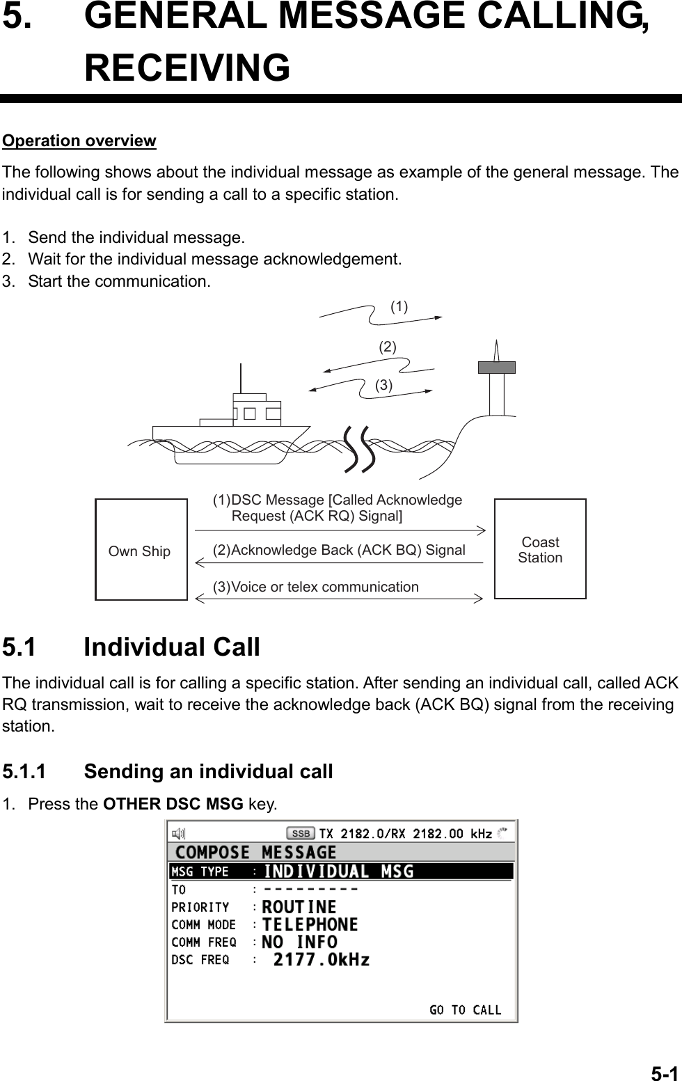   5-15.  GENERAL MESSAGE CALLING, RECEIVING Operation overview The following shows about the individual message as example of the general message. The individual call is for sending a call to a specific station.  1.  Send the individual message. 2.  Wait for the individual message acknowledgement. 3.  Start the communication. (1)(2)(3)Own Ship CoastStation(1)DSC Message [Called Acknowledge Request (ACK RQ) Signal](2)Acknowledge Back (ACK BQ) Signal(3)Voice or telex communication  5.1 Individual Call The individual call is for calling a specific station. After sending an individual call, called ACK RQ transmission, wait to receive the acknowledge back (ACK BQ) signal from the receiving station.   5.1.1  Sending an individual call 1. Press the OTHER DSC MSG key. 