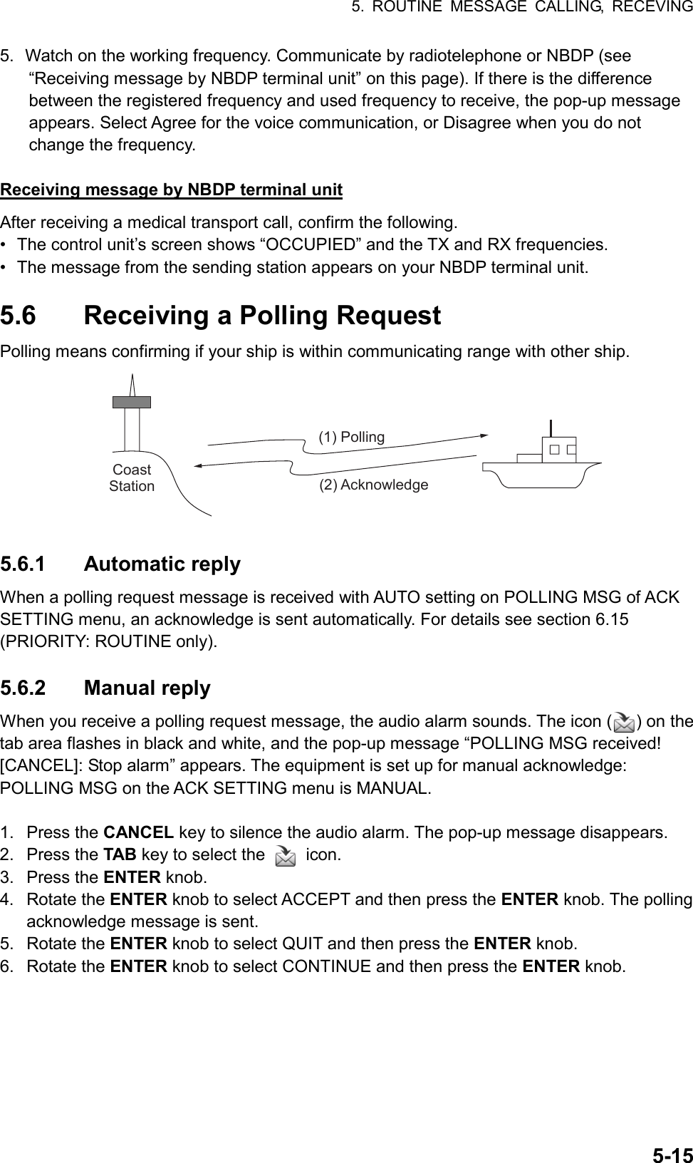 5. ROUTINE MESSAGE CALLING, RECEVING  5-155.  Watch on the working frequency. Communicate by radiotelephone or NBDP (see “Receiving message by NBDP terminal unit” on this page). If there is the difference between the registered frequency and used frequency to receive, the pop-up message appears. Select Agree for the voice communication, or Disagree when you do not change the frequency.  Receiving message by NBDP terminal unit After receiving a medical transport call, confirm the following. •  The control unit’s screen shows “OCCUPIED” and the TX and RX frequencies. •  The message from the sending station appears on your NBDP terminal unit.  5.6  Receiving a Polling Request Polling means confirming if your ship is within communicating range with other ship. (1) Polling(2) AcknowledgeCoastStation  5.6.1 Automatic reply When a polling request message is received with AUTO setting on POLLING MSG of ACK SETTING menu, an acknowledge is sent automatically. For details see section 6.15 (PRIORITY: ROUTINE only).  5.6.2 Manual reply When you receive a polling request message, the audio alarm sounds. The icon ( ) on the tab area flashes in black and white, and the pop-up message “POLLING MSG received! [CANCEL]: Stop alarm” appears. The equipment is set up for manual acknowledge: POLLING MSG on the ACK SETTING menu is MANUAL.  1. Press the CANCEL key to silence the audio alarm. The pop-up message disappears. 2. Press the TAB key to select the   icon. 3. Press the ENTER knob. 4. Rotate the ENTER knob to select ACCEPT and then press the ENTER knob. The polling acknowledge message is sent. 5. Rotate the ENTER knob to select QUIT and then press the ENTER knob. 6. Rotate the ENTER knob to select CONTINUE and then press the ENTER knob.  