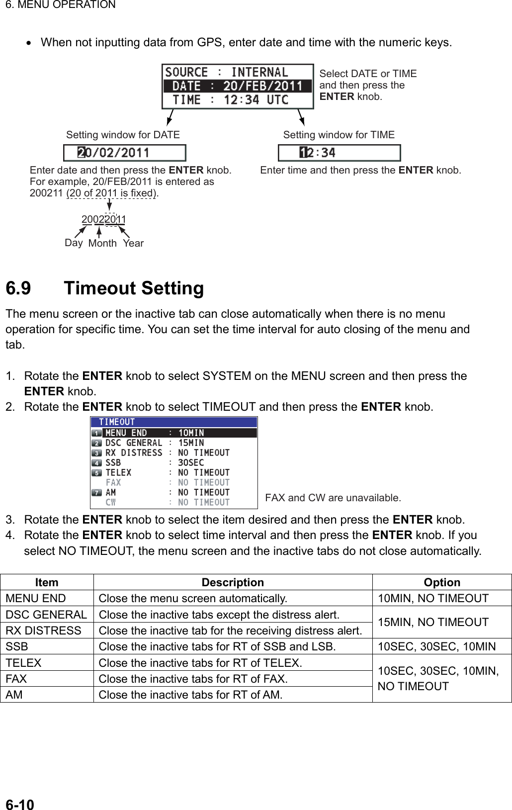 6. MENU OPERATION  6-10  •  When not inputting data from GPS, enter date and time with the numeric keys. Select DATE or TIME and then press the ENTER knob.Setting window for DATEEnter time and then press the ENTER knob.Setting window for TIMEEnter date and then press the ENTER knob. For example, 20/FEB/2011 is entered as 200211 (20 of 2011 is fixed).20022011Day Month Year  6.9 Timeout Setting The menu screen or the inactive tab can close automatically when there is no menu operation for specific time. You can set the time interval for auto closing of the menu and tab.  1. Rotate the ENTER knob to select SYSTEM on the MENU screen and then press the ENTER knob. 2. Rotate the ENTER knob to select TIMEOUT and then press the ENTER knob. FAX and CW are unavailable. 3. Rotate the ENTER knob to select the item desired and then press the ENTER knob. 4. Rotate the ENTER knob to select time interval and then press the ENTER knob. If you select NO TIMEOUT, the menu screen and the inactive tabs do not close automatically.  Item Description  Option MENU END  Close the menu screen automatically.  10MIN, NO TIMEOUT DSC GENERAL  Close the inactive tabs except the distress alert. RX DISTRESS  Close the inactive tab for the receiving distress alert.  15MIN, NO TIMEOUT SSB  Close the inactive tabs for RT of SSB and LSB.  10SEC, 30SEC, 10MIN TELEX  Close the inactive tabs for RT of TELEX. FAX  Close the inactive tabs for RT of FAX. AM  Close the inactive tabs for RT of AM. 10SEC, 30SEC, 10MIN, NO TIMEOUT  