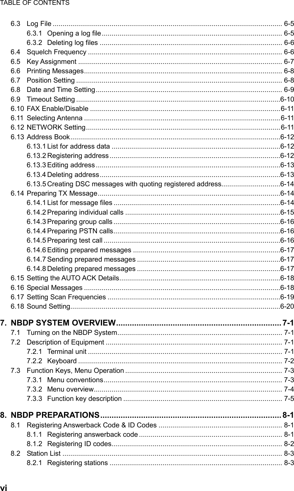 TABLE OF CONTENTS  vi  6.3 Log File ..................................................................................................................... 6-5 6.3.1 Opening a log file............................................................................................ 6-5 6.3.2 Deleting log files ............................................................................................. 6-6 6.4 Squelch Frequency ................................................................................................... 6-6 6.5 Key Assignment ........................................................................................................ 6-7 6.6 Printing Messages..................................................................................................... 6-8 6.7 Position Setting ......................................................................................................... 6-8 6.8 Date and Time Setting............................................................................................... 6-9 6.9 Timeout Setting ........................................................................................................6-10 6.10 FAX Enable/Disable .................................................................................................6-11 6.11 Selecting Antenna ....................................................................................................6-11 6.12 NETWORK Setting...................................................................................................6-11 6.13 Address Book...........................................................................................................6-12 6.13.1 List for address data ......................................................................................6-12 6.13.2 Registering address.......................................................................................6-12 6.13.3 Editing address..............................................................................................6-13 6.13.4 Deleting address............................................................................................6-13 6.13.5 Creating DSC messages with quoting registered address..............................6-14 6.14 Preparing TX Message.............................................................................................6-14 6.14.1 List for message files .....................................................................................6-14 6.14.2 Preparing individual calls ...............................................................................6-15 6.14.3 Preparing group  calls .....................................................................................6-16 6.14.4 Preparing PSTN calls.....................................................................................6-16 6.14.5 Preparing test call ..........................................................................................6-16 6.14.6 Editing prepared messages ...........................................................................6-17 6.14.7 Sending prepared messages .........................................................................6-17 6.14.8 Deleting prepared messages .........................................................................6-17 6.15  Setting the AUTO ACK Details..................................................................................6-18 6.16 Special Messages ....................................................................................................6-18 6.17 Setting Scan Frequencies ........................................................................................6-19 6.18 Sound Setting...........................................................................................................6-20 7.  NBDP SYSTEM OVERVIEW......................................................................... 7-1 7.1  Turning on the NBDP System.................................................................................... 7-1 7.2  Description of Equipment .......................................................................................... 7-1 7.2.1 Terminal unit ................................................................................................... 7-1 7.2.2 Keyboard ........................................................................................................ 7-2 7.3  Function Keys, Menu Operation ................................................................................ 7-3 7.3.1 Menu conventions........................................................................................... 7-3 7.3.2 Menu overview................................................................................................ 7-4 7.3.3 Function key description ................................................................................. 7-5 8. NBDP PREPARATIONS................................................................................ 8-1 8.1 Registering Answerback Code &amp; ID Codes ............................................................... 8-1 8.1.1 Registering answerback code ......................................................................... 8-1 8.1.2 Registering ID codes....................................................................................... 8-2 8.2 Station List ................................................................................................................8-3 8.2.1 Registering stations ........................................................................................ 8-3 