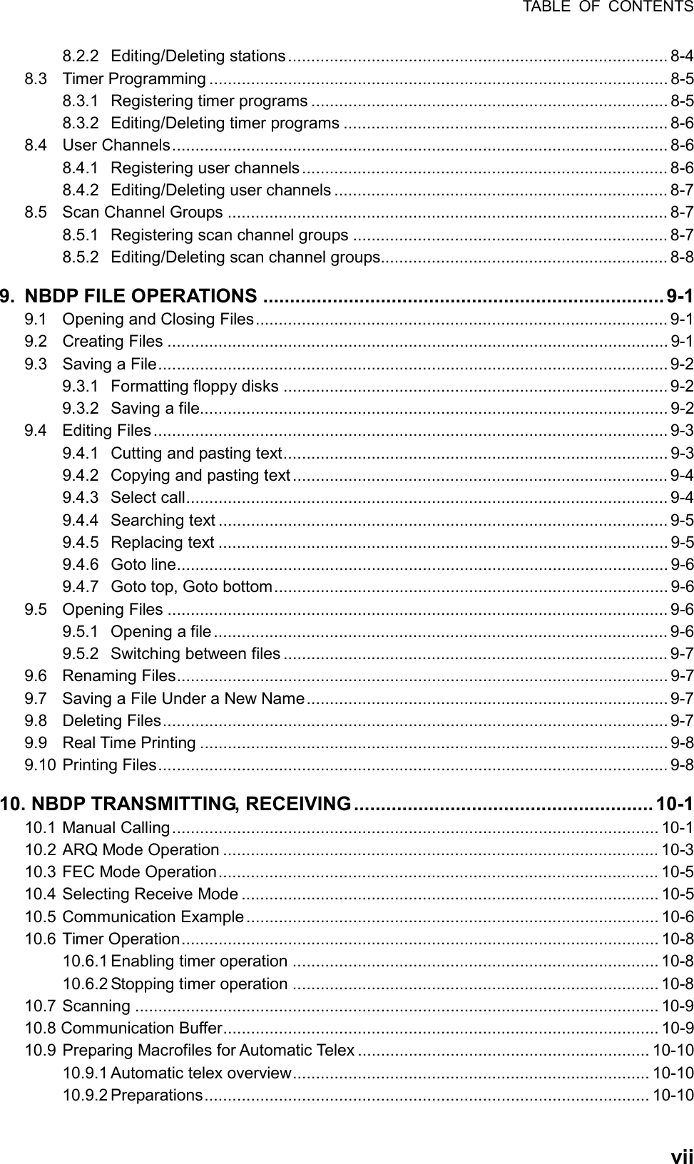 TABLE OF CONTENTS  vii8.2.2 Editing/Deleting stations.................................................................................. 8-4 8.3 Timer Programming ................................................................................................... 8-5 8.3.1  Registering timer programs ............................................................................. 8-5 8.3.2  Editing/Deleting timer programs ...................................................................... 8-6 8.4 User Channels........................................................................................................... 8-6 8.4.1 Registering user channels ............................................................................... 8-6 8.4.2 Editing/Deleting user channels ........................................................................ 8-7 8.5 Scan Channel Groups ............................................................................................... 8-7 8.5.1 Registering scan channel groups .................................................................... 8-7 8.5.2 Editing/Deleting scan channel groups.............................................................. 8-8 9.  NBDP FILE OPERATIONS ........................................................................... 9-1 9.1  Opening and Closing Files......................................................................................... 9-1 9.2 Creating Files ............................................................................................................ 9-1 9.3  Saving a File.............................................................................................................. 9-2 9.3.1 Formatting floppy disks ................................................................................... 9-2 9.3.2 Saving a file..................................................................................................... 9-2 9.4 Editing Files...............................................................................................................9-3 9.4.1  Cutting and pasting text................................................................................... 9-3 9.4.2  Copying and pasting text................................................................................. 9-4 9.4.3 Select call........................................................................................................ 9-4 9.4.4 Searching text ................................................................................................. 9-5 9.4.5 Replacing text ................................................................................................. 9-5 9.4.6 Goto line.......................................................................................................... 9-6 9.4.7  Goto top, Goto bottom..................................................................................... 9-6 9.5 Opening Files ............................................................................................................ 9-6 9.5.1 Opening a file .................................................................................................. 9-6 9.5.2 Switching between files ................................................................................... 9-7 9.6 Renaming Files.......................................................................................................... 9-7 9.7  Saving a File Under a New Name.............................................................................. 9-7 9.8 Deleting Files............................................................................................................. 9-7 9.9 Real Time Printing ..................................................................................................... 9-8 9.10 Printing Files.............................................................................................................. 9-8 10. NBDP TRANSMITTING, RECEIVING ........................................................ 10-1 10.1 Manual Calling......................................................................................................... 10-1 10.2 ARQ Mode Operation .............................................................................................. 10-3 10.3 FEC Mode Operation............................................................................................... 10-5 10.4 Selecting Receive Mode .......................................................................................... 10-5 10.5 Communication Example ......................................................................................... 10-6 10.6 Timer Operation....................................................................................................... 10-8 10.6.1 Enabling  timer operation ............................................................................... 10-8 10.6.2 Stopping timer operation ............................................................................... 10-8 10.7 Scanning ................................................................................................................. 10-9 10.8 Communication Buffer.............................................................................................. 10-9 10.9 Preparing Macrofiles for Automatic Telex ............................................................... 10-10 10.9.1 Automatic telex overview............................................................................. 10-10 10.9.2 Preparations................................................................................................ 10-10 