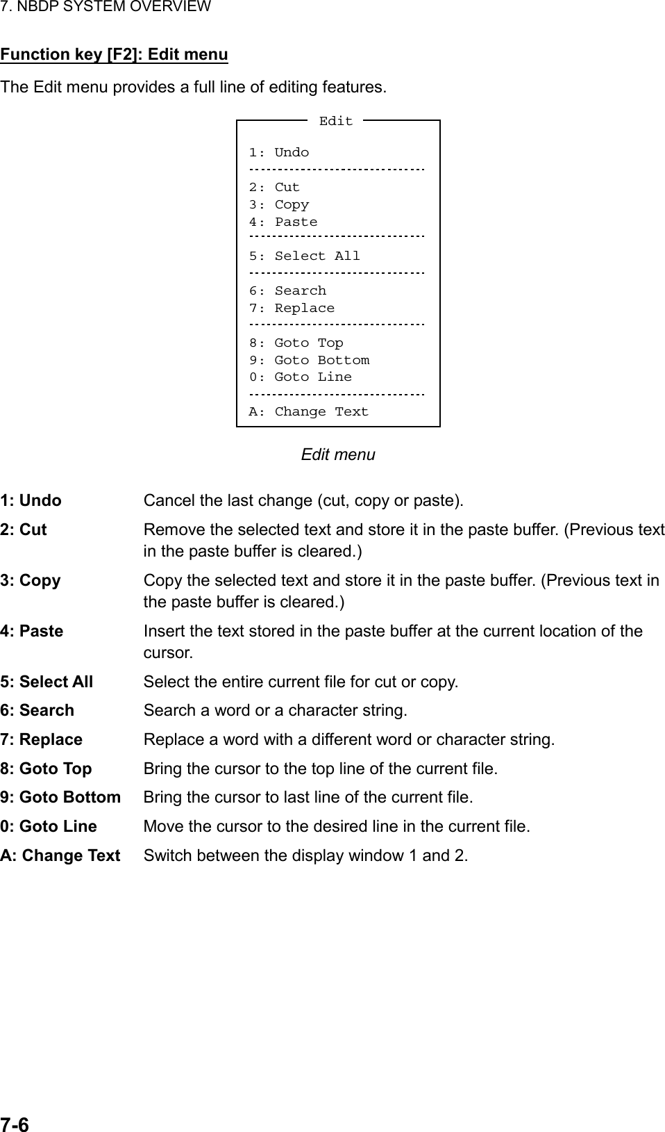 7. NBDP SYSTEM OVERVIEW  7-6  Function key [F2]: Edit menu The Edit menu provides a full line of editing features. 1: Undo2: Cut3: Copy4: Paste5: Select All6: Search7: Replace8: Goto Top9: Goto Bottom0: Goto LineA: Change TextEdit Edit menu  1: Undo  Cancel the last change (cut, copy or paste). 2: Cut  Remove the selected text and store it in the paste buffer. (Previous text in the paste buffer is cleared.) 3: Copy  Copy the selected text and store it in the paste buffer. (Previous text in the paste buffer is cleared.) 4: Paste  Insert the text stored in the paste buffer at the current location of the cursor. 5: Select All  Select the entire current file for cut or copy. 6: Search  Search a word or a character string. 7: Replace  Replace a word with a different word or character string. 8: Goto Top  Bring the cursor to the top line of the current file. 9: Goto Bottom  Bring the cursor to last line of the current file. 0: Goto Line  Move the cursor to the desired line in the current file. A: Change Text    Switch between the display window 1 and 2. 